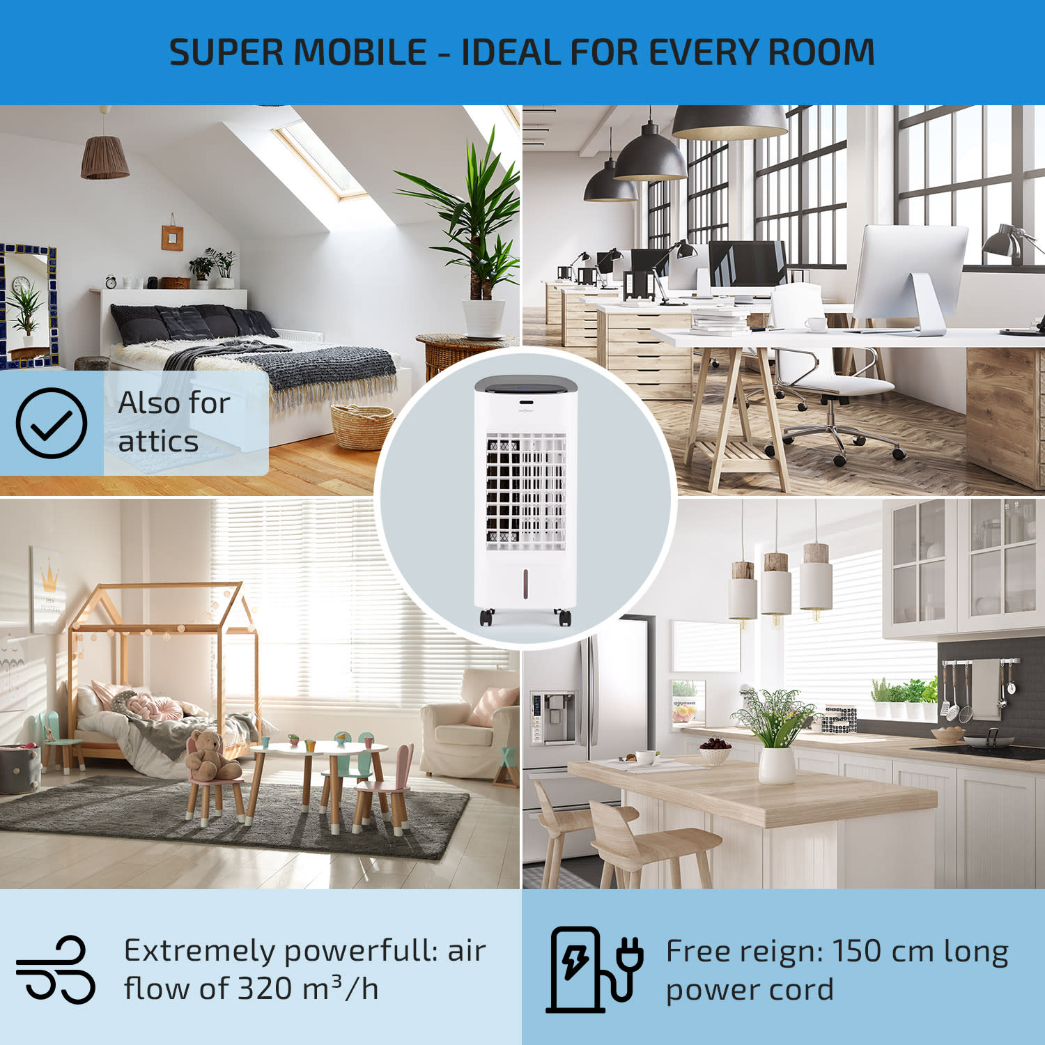 OneConcept Coolster, ochladzovač vzduchu, ventilátor, ionizátor, 60 W, 320 m³/h , 4 l, biely – Obrázok 4