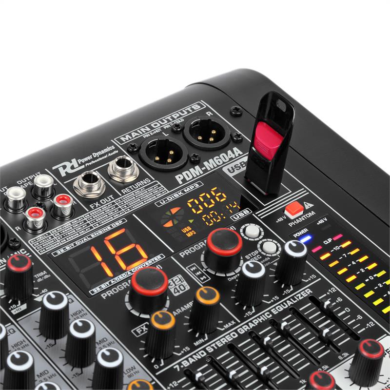 Power Dynamics PDM-M604A, mixážny pult, 6 mikrofónových vstupov, 24-bit multi-FX-procesor, USB prehrávač – Obrázok 2