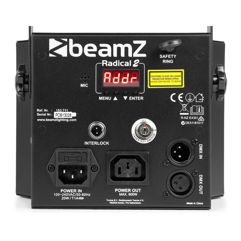 Beamz Radical 2, efekty 3v1, 4x 3W RGBW LEDky, laser červený/zelený, 4 DMX kanály