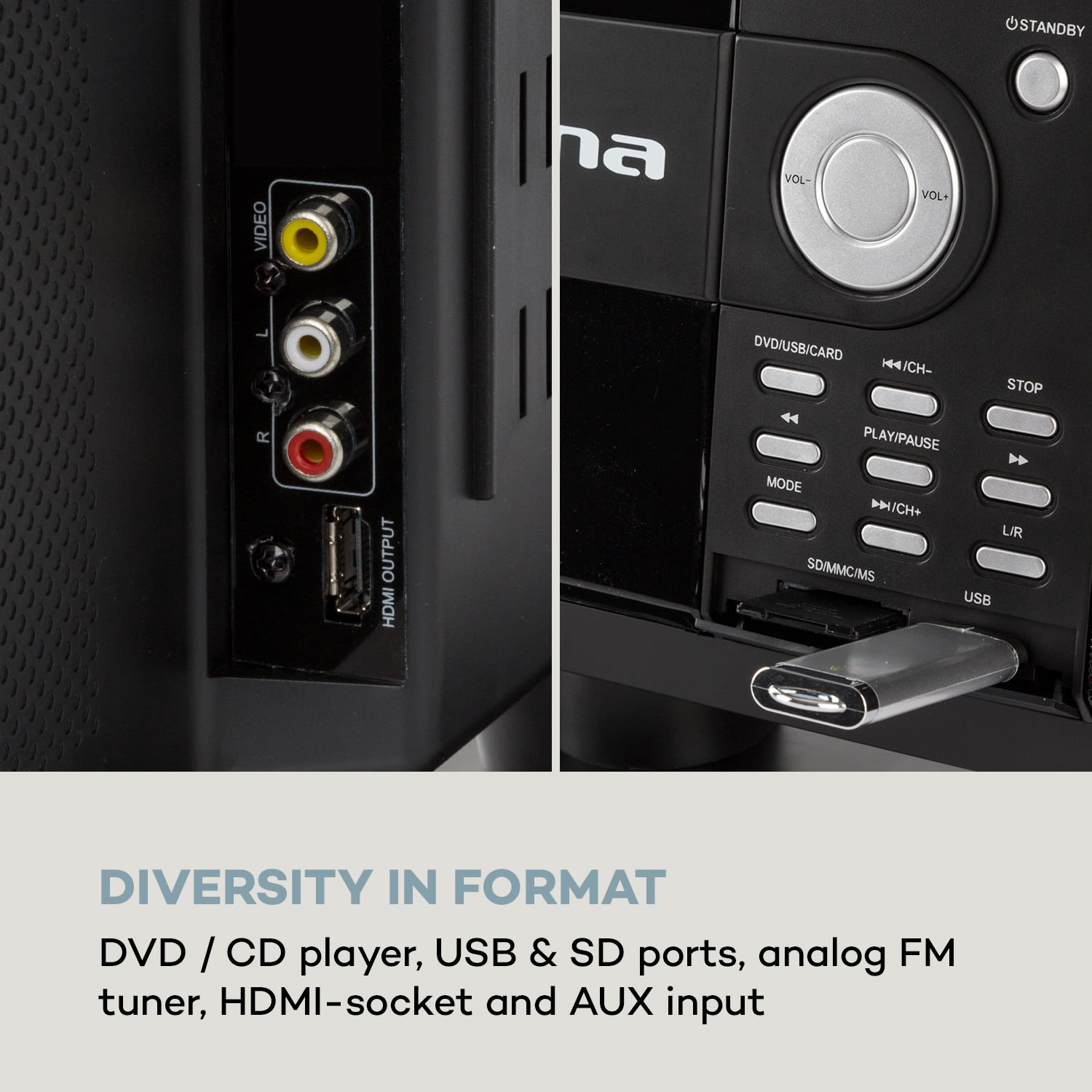 Auna MCD-82 BT, vertikálny stereo systém, DVD/CD, bluetooth, USB/SD, FM, HDMI, čierny – Obrázok 4