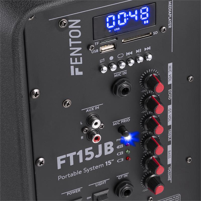 Fenton FT15JB, aktívny reproduktor, 15" woofer, 800 W, BT/USB/SD/AUX vstup, LED jellyball, mikrofón – Obrázok 3