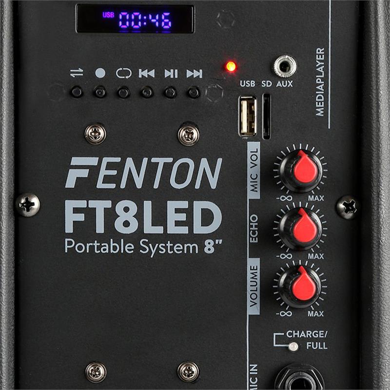 Fenton FT8LED, aktívny reproduktor, 8“, 300 W, BT/USB/SD/AUX, LED, 2,2 Ah akumulátor – Obrázok 4