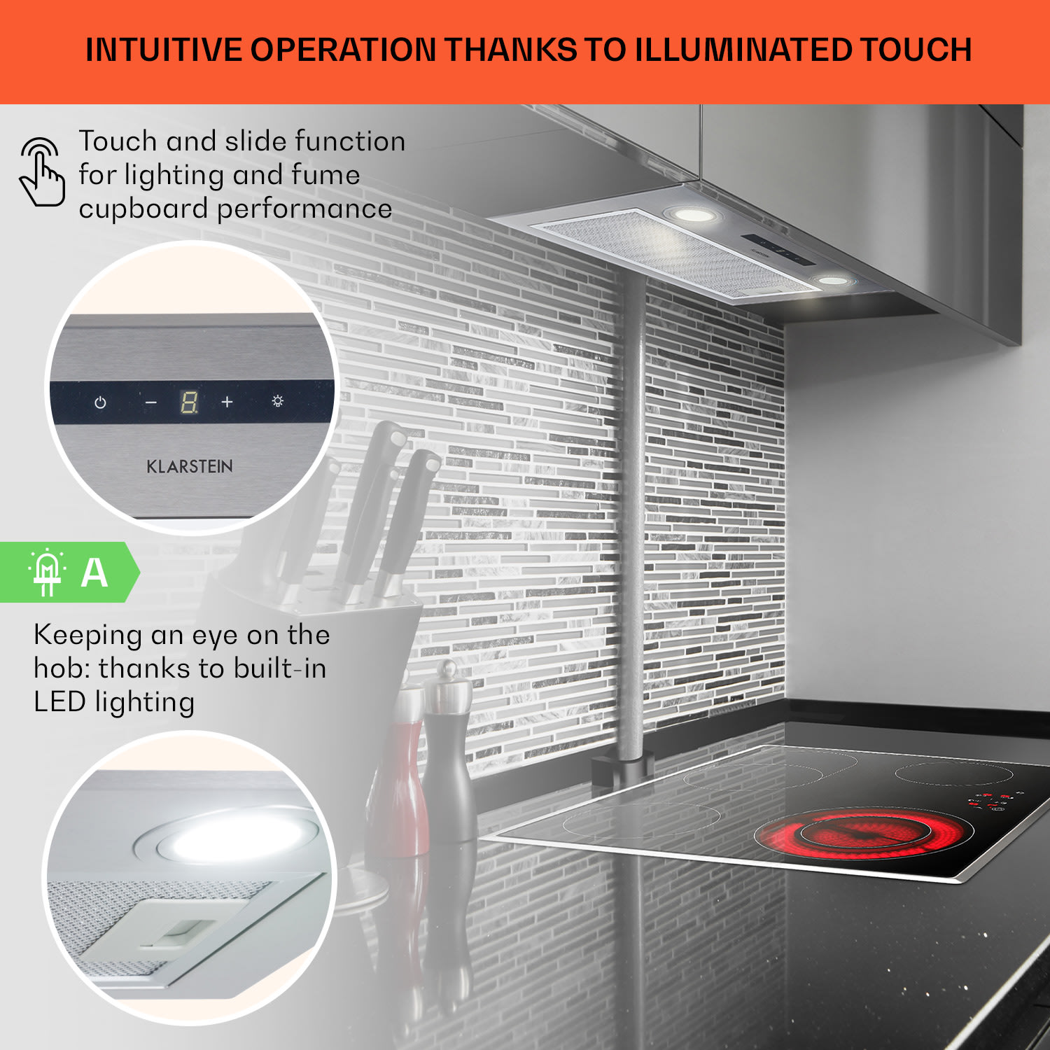 Klarstein Paolo, digestor, 52,5 cm, vstavaný, 600 m³/h, LED, strieborný – Obrázok 3