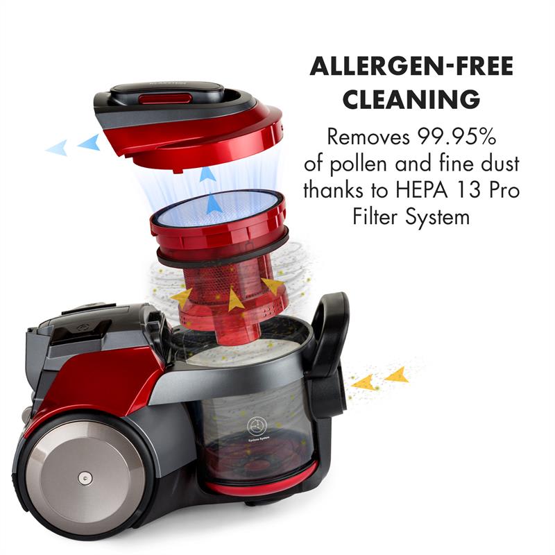 Klarstein Clean King Ergo, cyklónový vysávač, 800 W, bezvreckový, HEPA13, trieda energetickej účinnosti A, sivo/červený – Obrázok 3