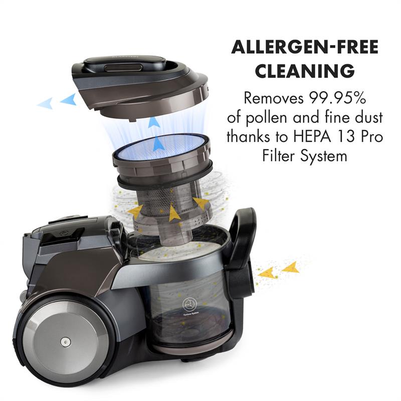 Klarstein Clean King Ergo, cyklónový vysávač, 800 W, bezvreckový, HEPA13, trieda energetickej účinnosti A, sivo/strieborný – Obrázok 3