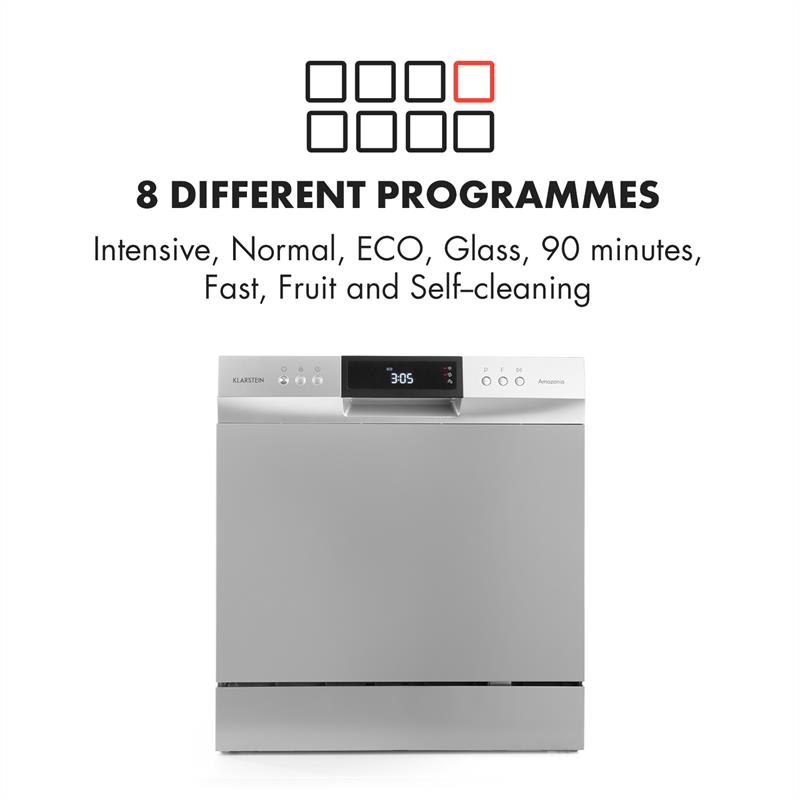 Klarstein Amazonia 8 Neo, stolná umývačka riadu, 8 programov, LED displej, strieborná – Obrázok 2