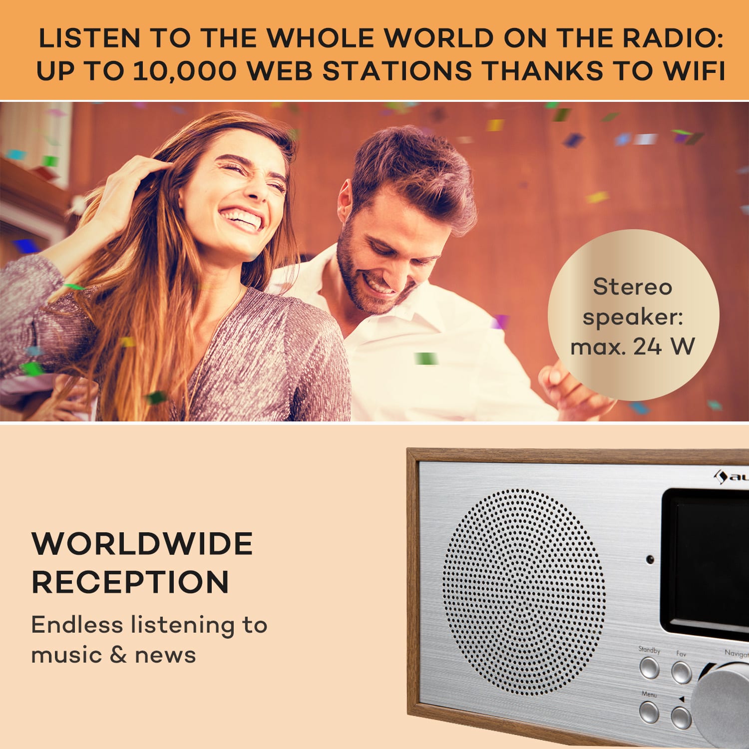 Auna Silver Star Stereo, internetové DAB+/FM rádio, WiFi, BT, DAB+/FM, dub – Obrázok 2