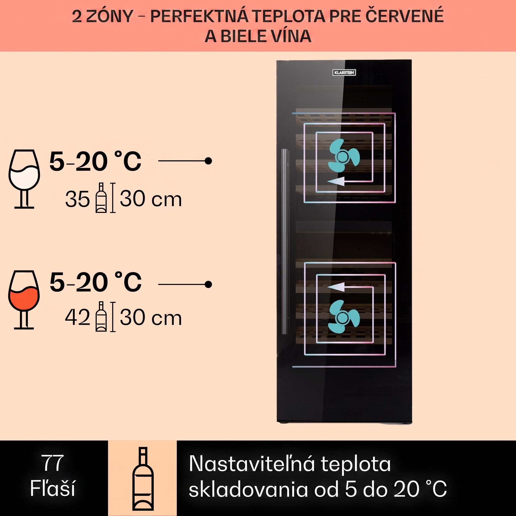 Klarstein Barossa 77 Duo, vinotéka, 191 l, 2 zóny, 77 fliaš, dotyková, LED, čierna – Obrázok 2