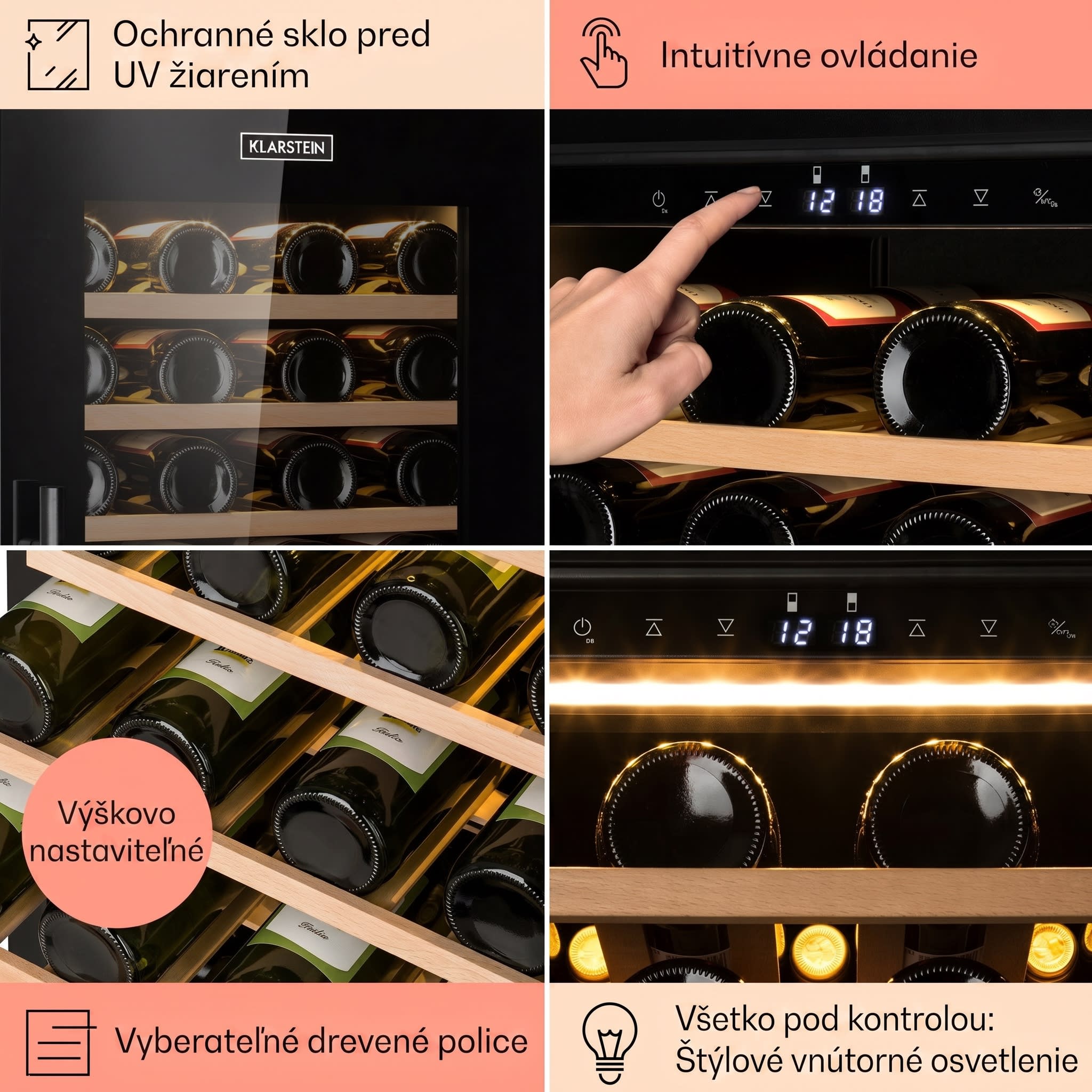 Klarstein Barossa 77 Duo, vinotéka, 191 l, 2 zóny, 77 fliaš, dotyková, LED, čierna – Obrázok 4