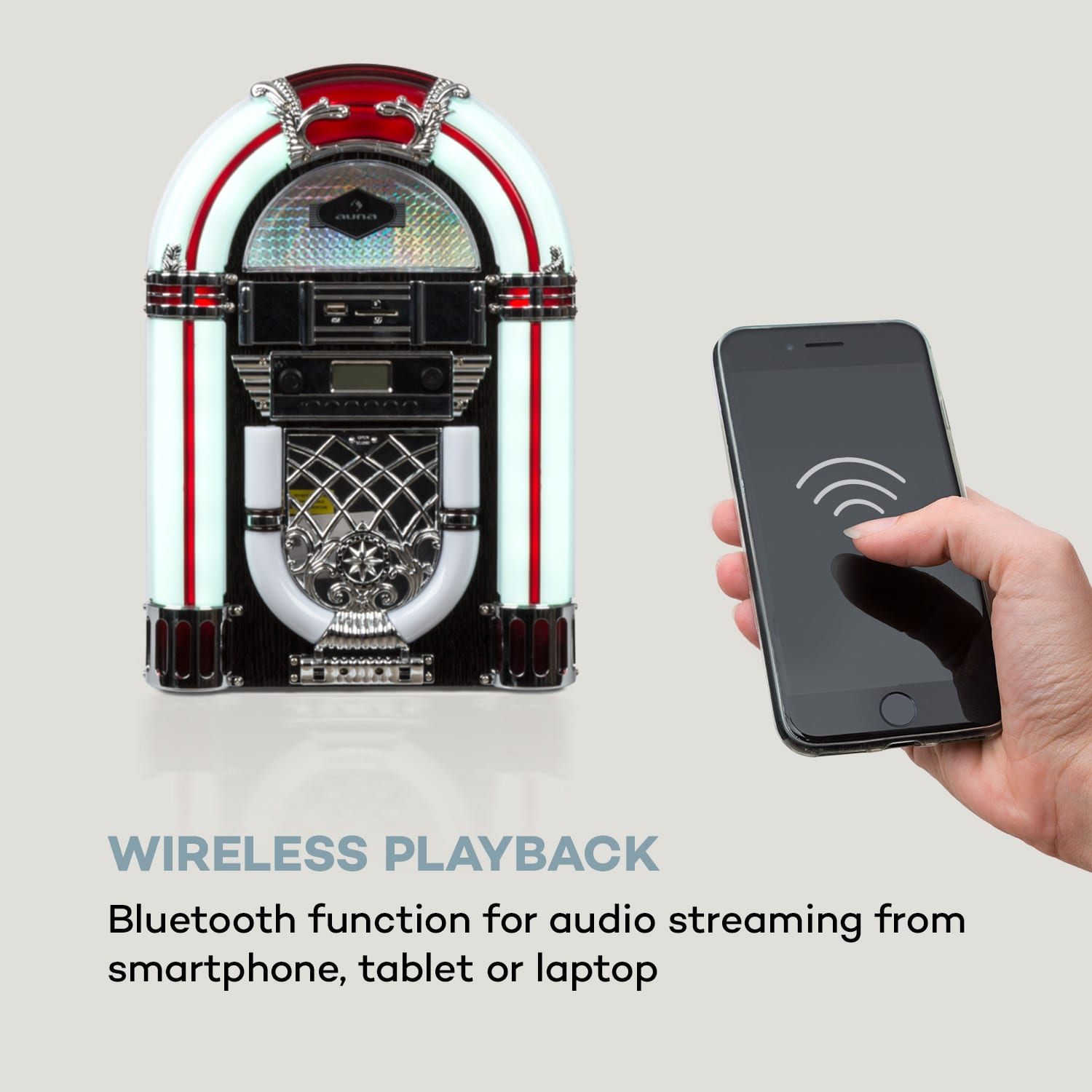 Auna Arizona, jukebox, BT, FM rádio, USB, SD, MP3, CD prehrávač, čierny – Obrázok 2