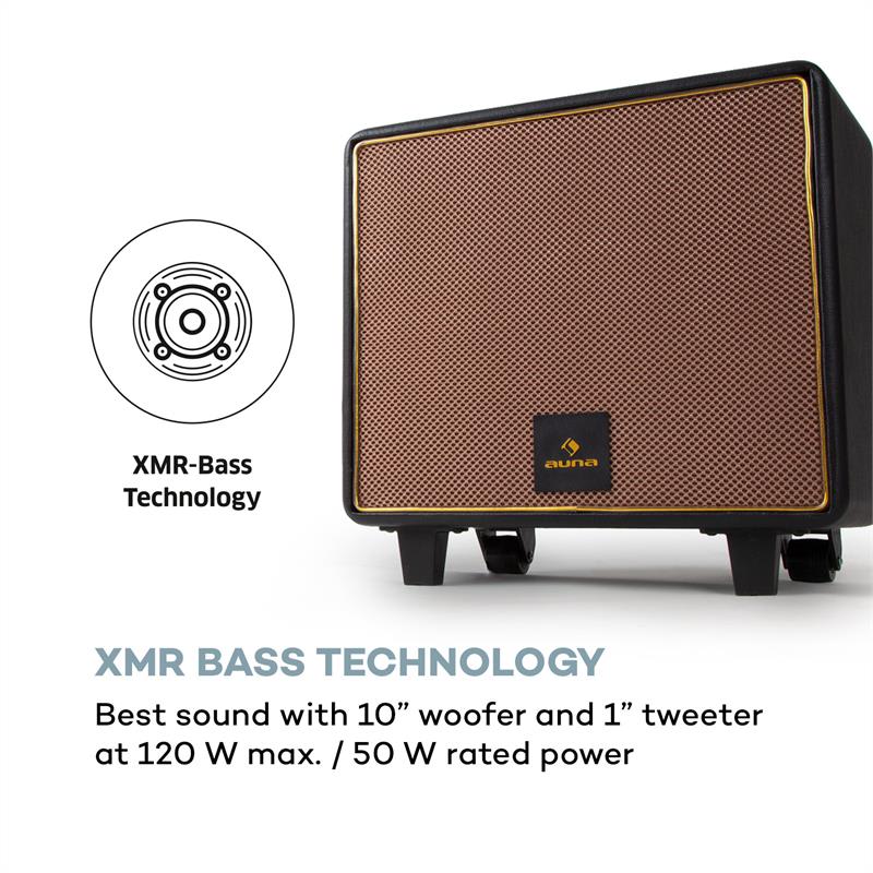 Auna Streetstar Retro 50, PA zariadenie, 10" woofer, 120 W max., mikro USB, TF, BT, AUX, VHF – Obrázok 3