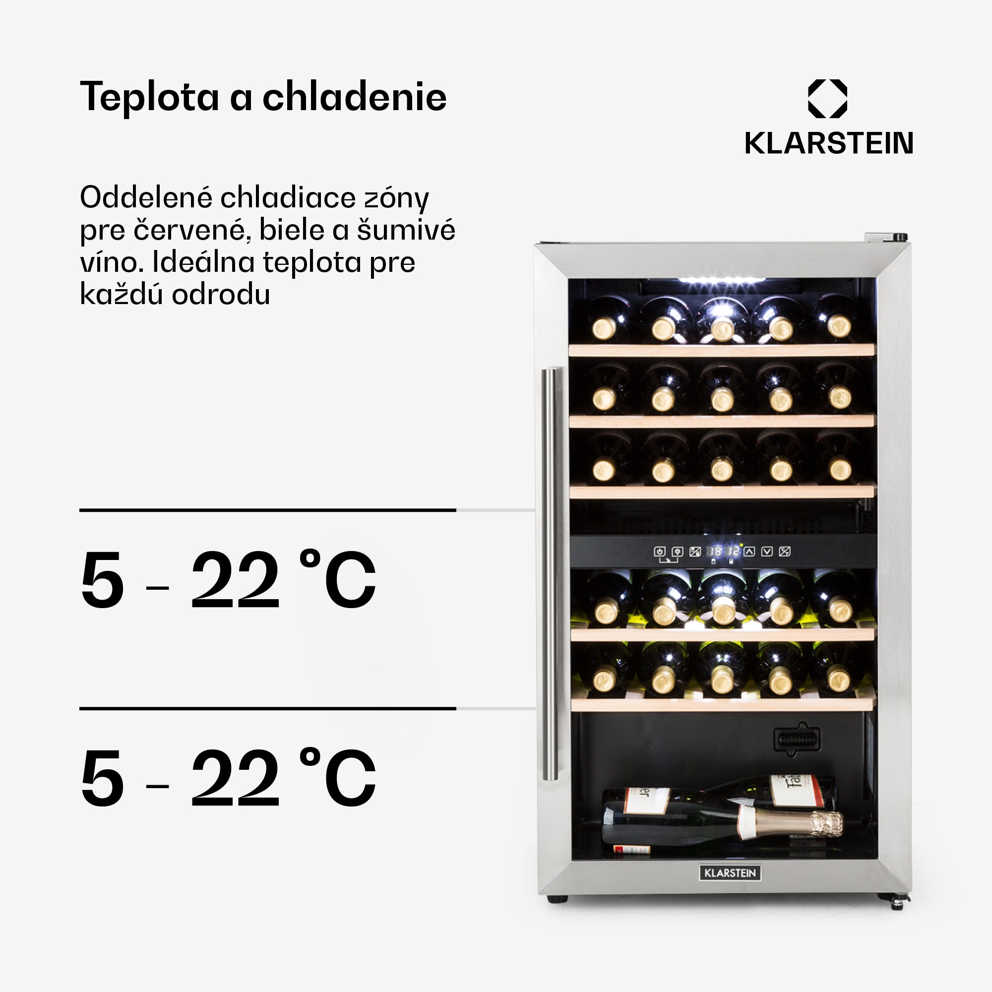 Klarstein Vinamour 29D, vinotéka, 2 zóny, 80 l, 29 fliaš, 5-22°C, dotykové ovládanie – Obrázok 3