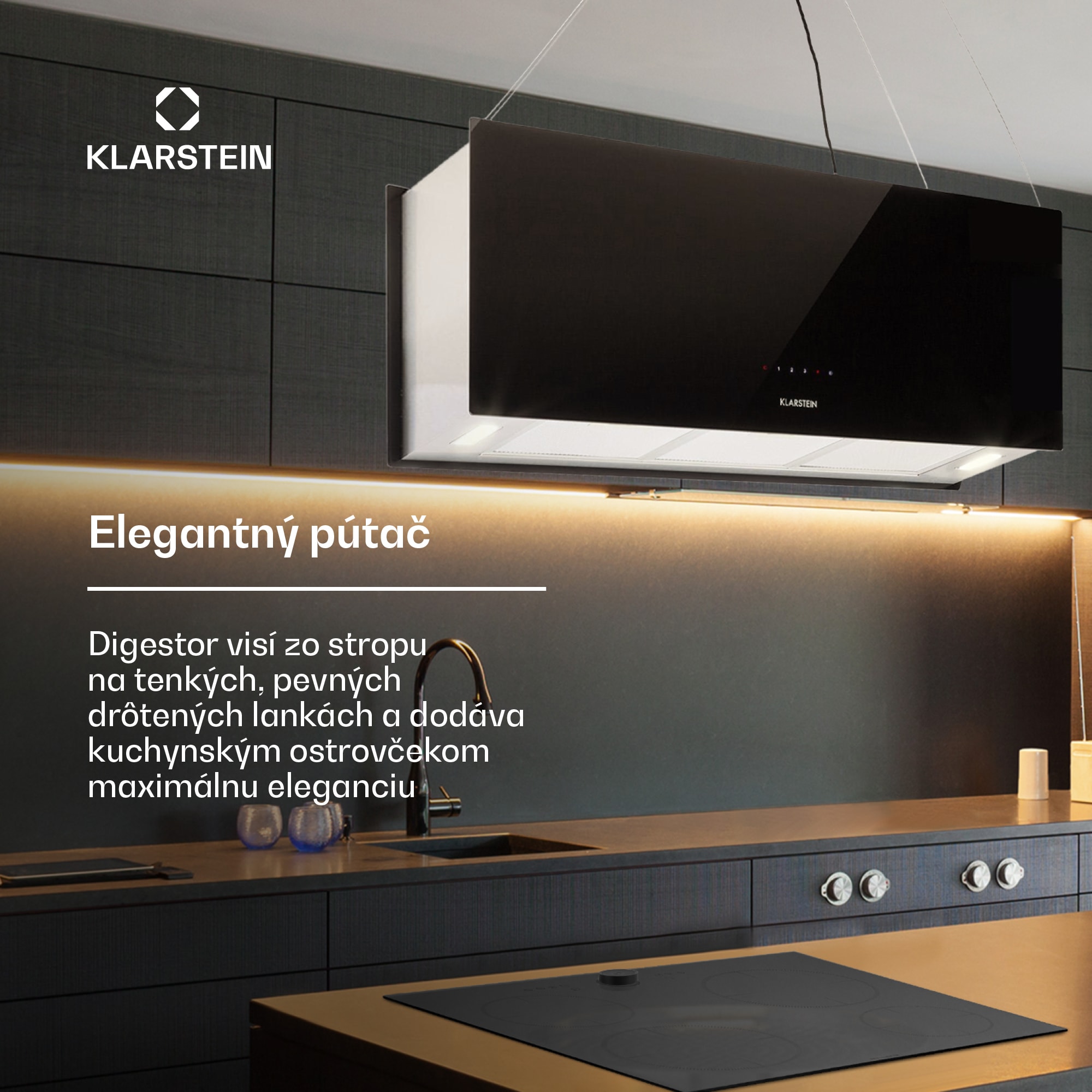Klarstein Kronleuchter XL, digestor, 90 cm, ostrovčekový, 577 m³/h, dotykové ovládanie, LED, čierny