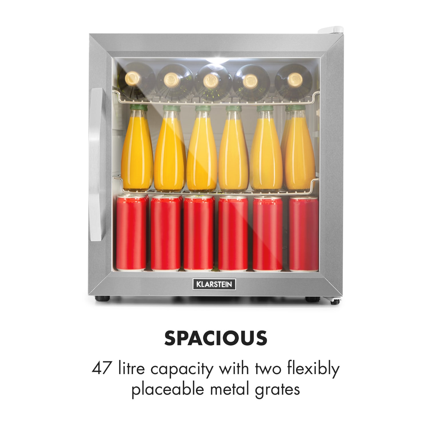 Klarstein Beersafe L Crystal White, chladnička, energet. trieda E, LED, 2 kovové police, sklenené dvere, biela – Obrázok 2