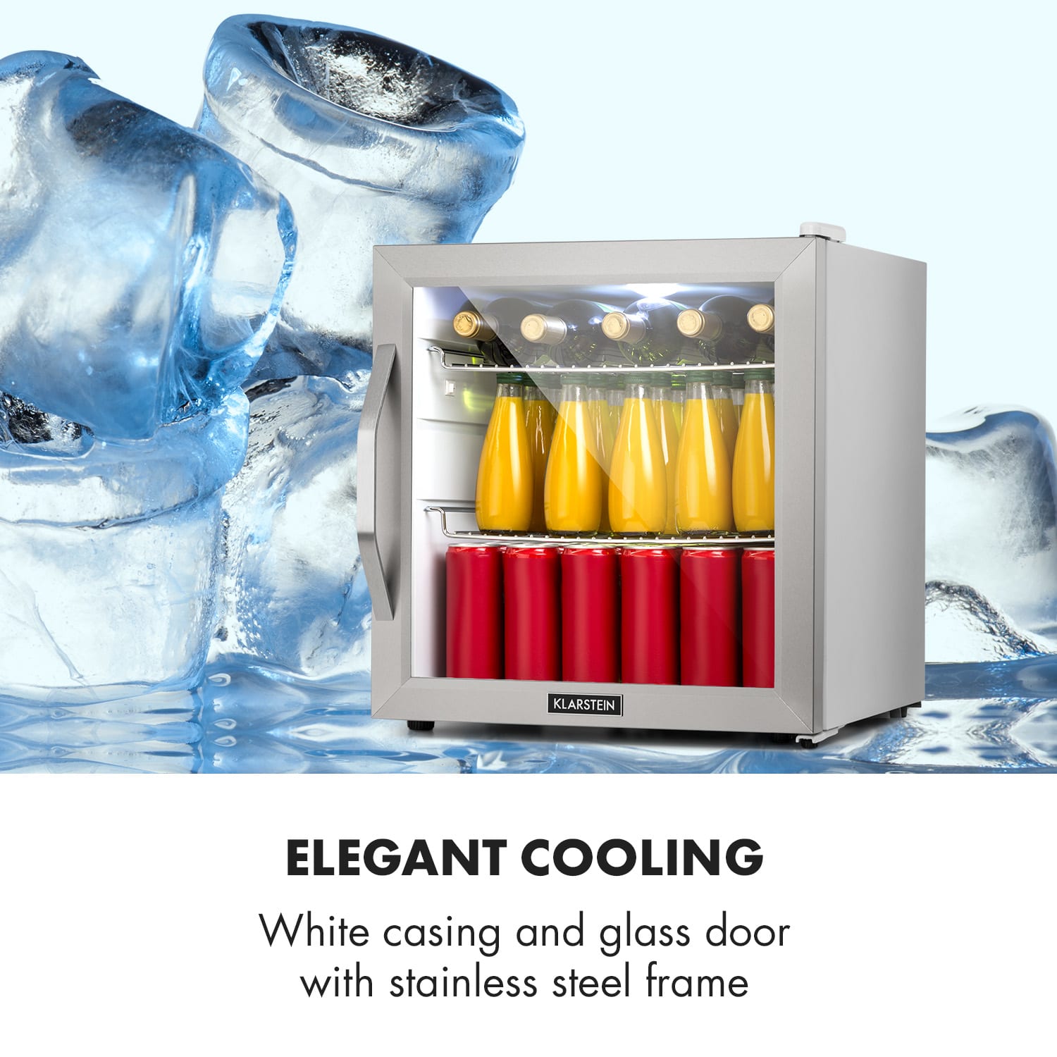 Klarstein Beersafe L Crystal White, chladnička, energet. trieda E, LED, 2 kovové police, sklenené dvere, biela – Obrázok 3