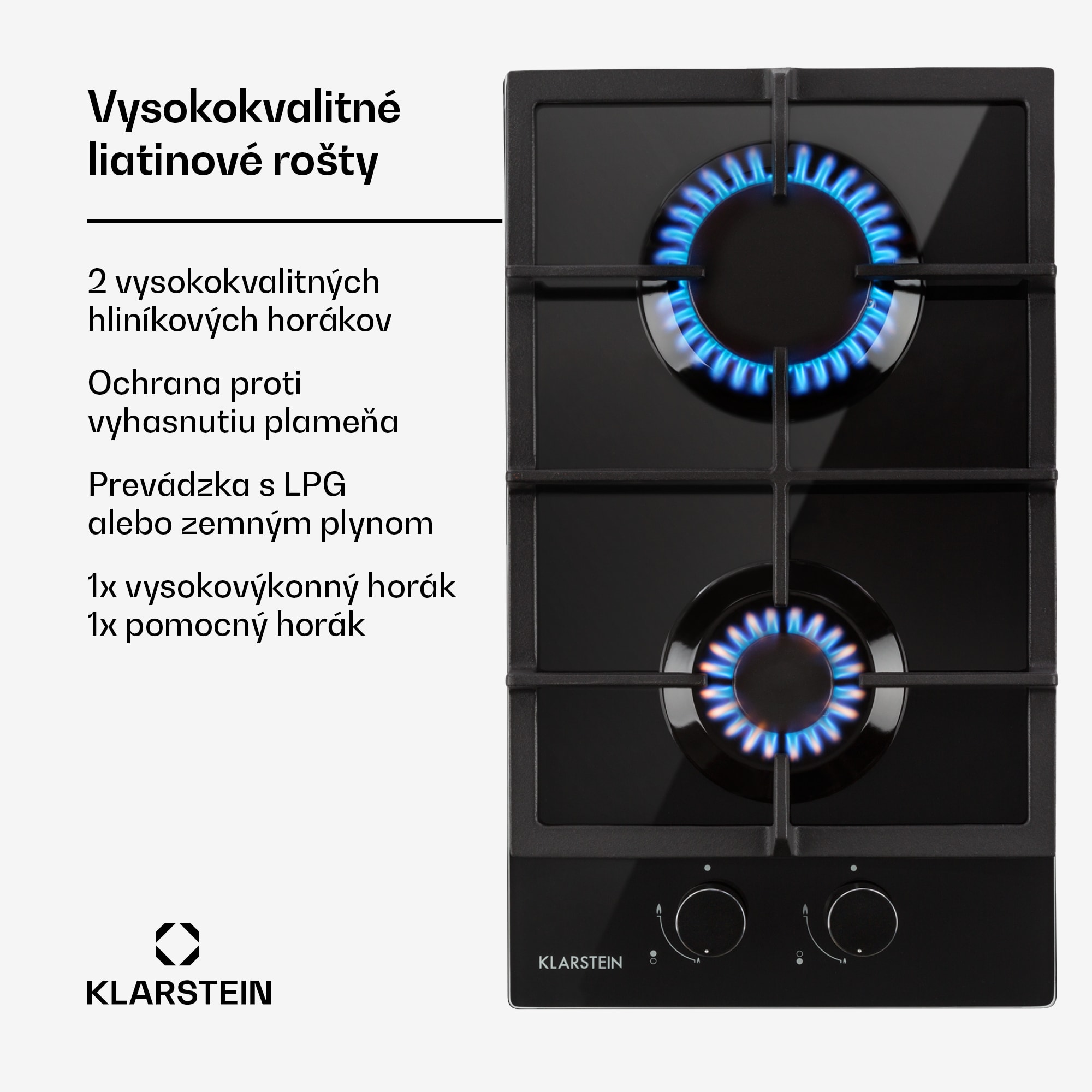 Klarstein Ignito Domino, plynová varná doska, 2 Sabaf horáky, sklokeramika, čierna – Obrázok 2