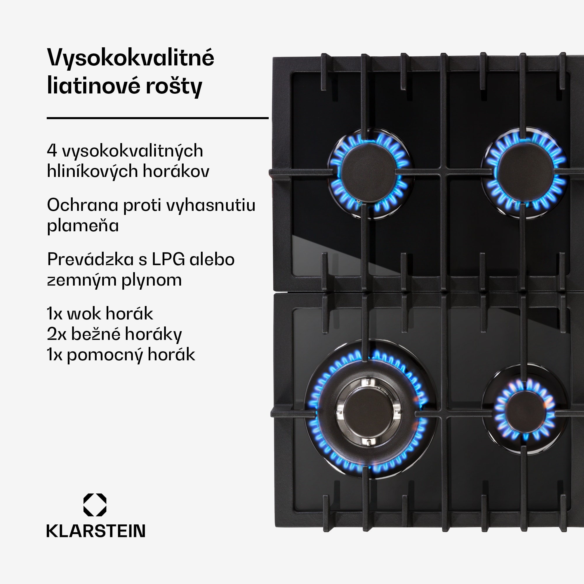 Klarstein Ignito 4-zónová plynová varná doska, 4 horáky, Sabaf horáky, čierna sklokeramika – Obrázok 2