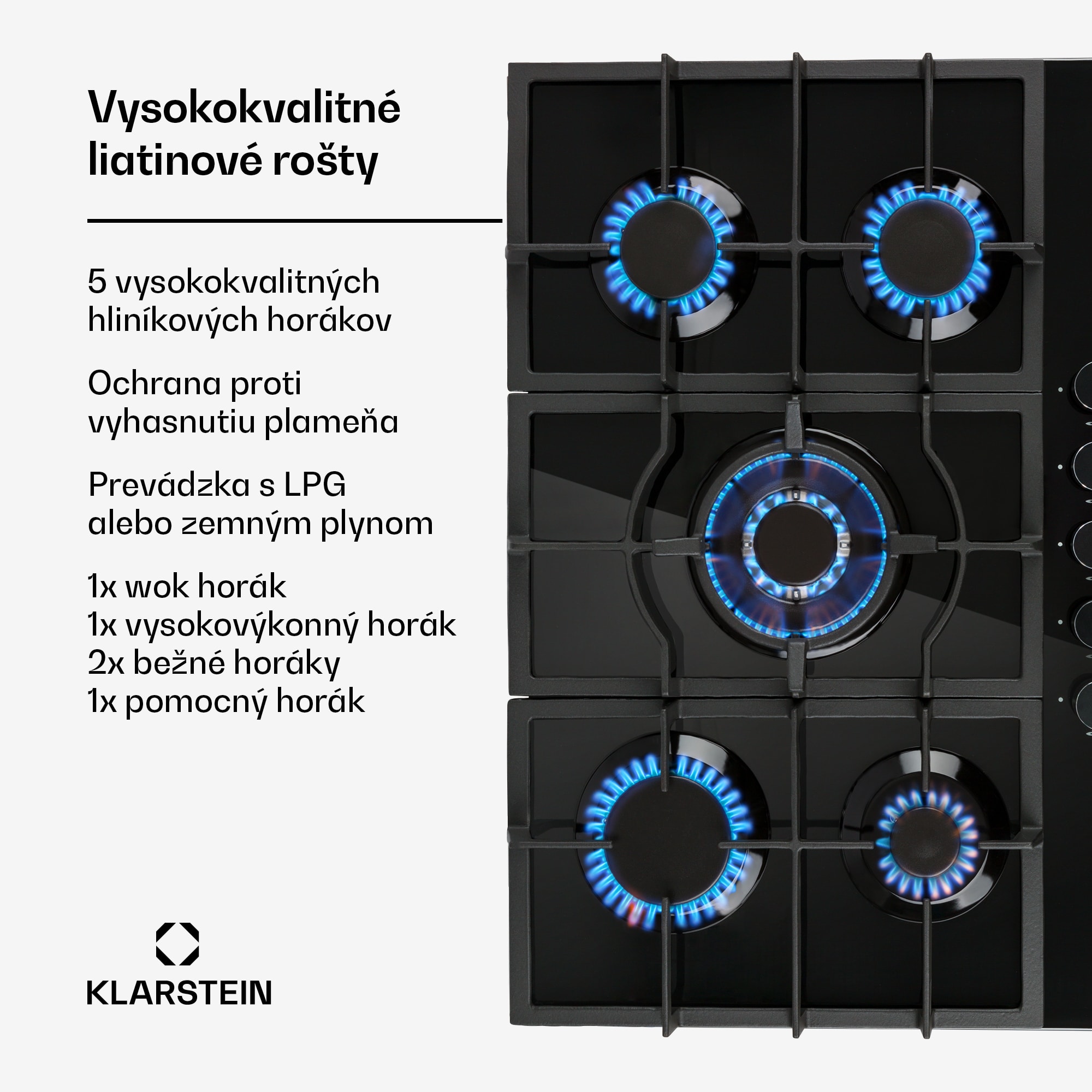 Klarstein Ignito 5, plynová varná doska, 5 Sabaf horákov, sklokeramika, čierna – Obrázok 2