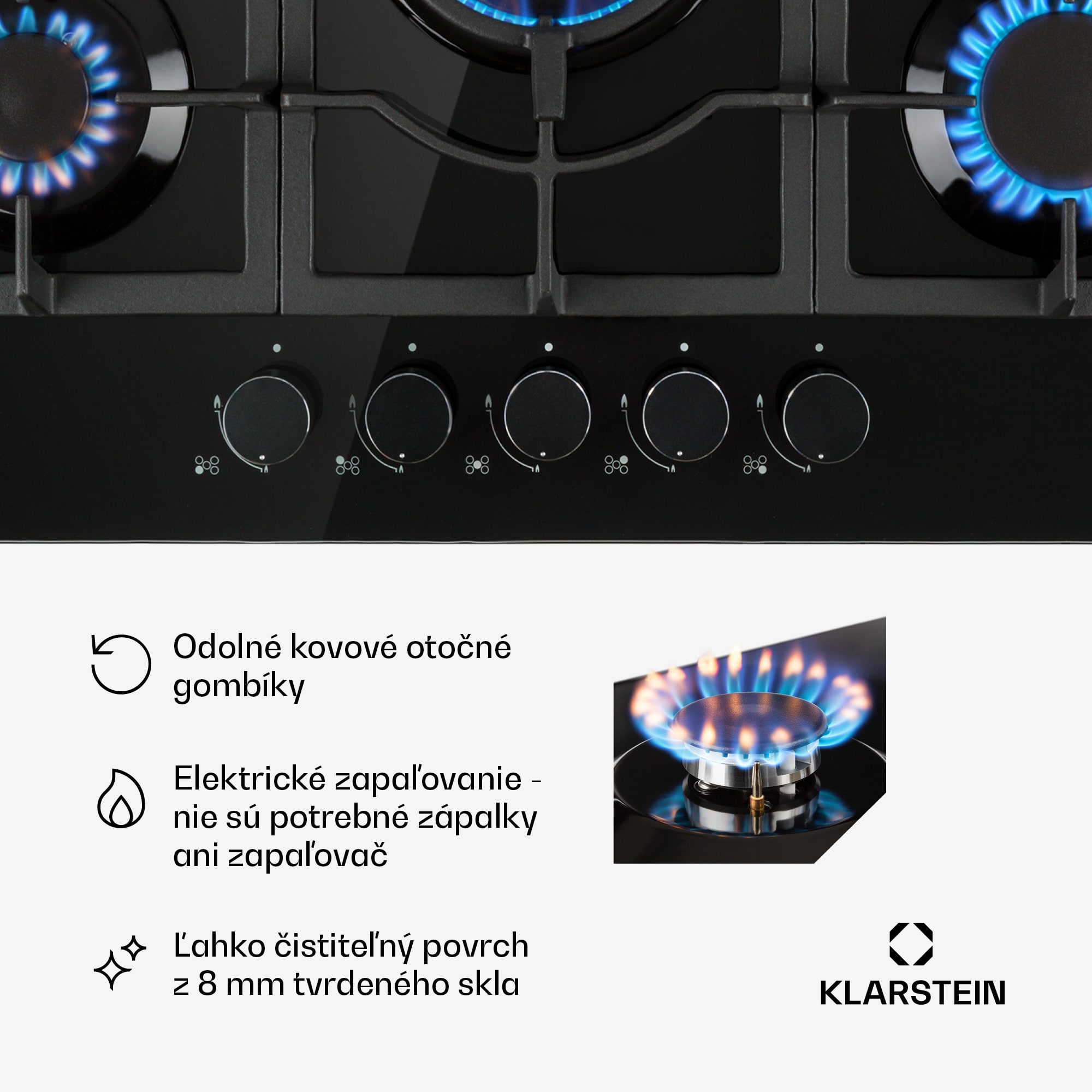 Klarstein Ignito 5, plynová varná doska, 5 Sabaf horákov, sklokeramika, čierna – Obrázok 4