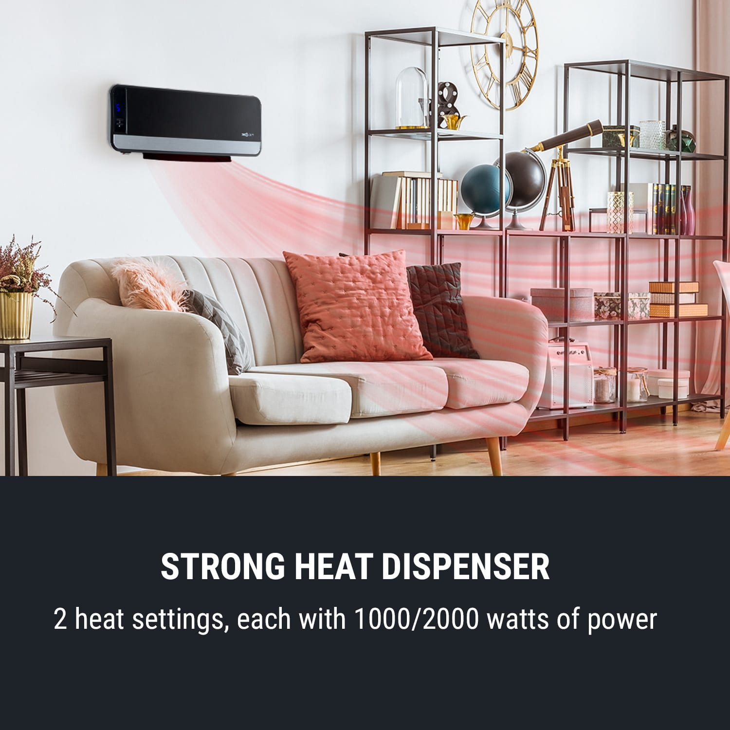 OneConcept Wallkyrie, nástenný ohrievač, 1000 W/2000 W, 10 – 49 °C, termostat, čierny