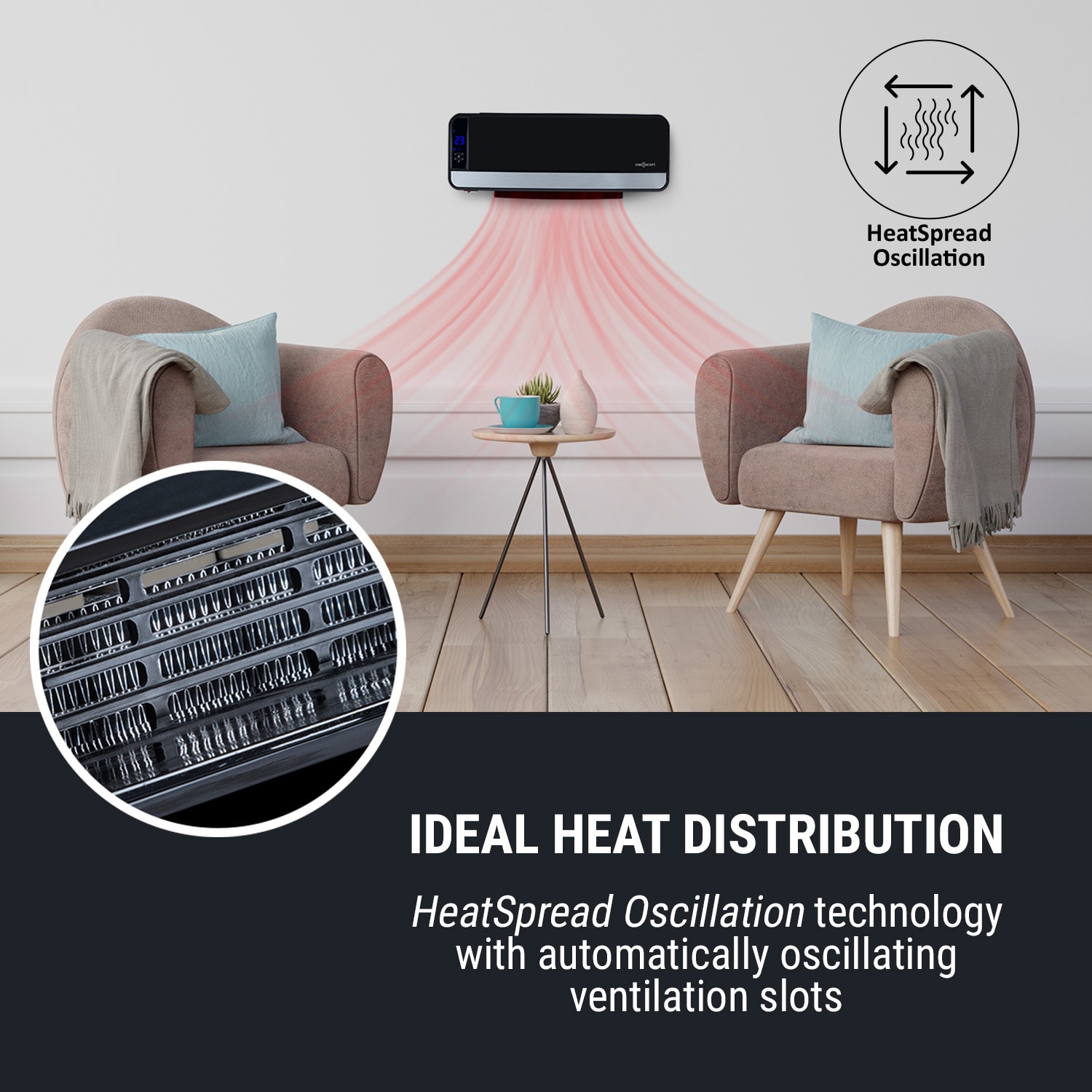 OneConcept Wallkyrie, nástenný ohrievač, 1000 W/2000 W, 10 – 49 °C, termostat, čierny – Obrázok 3