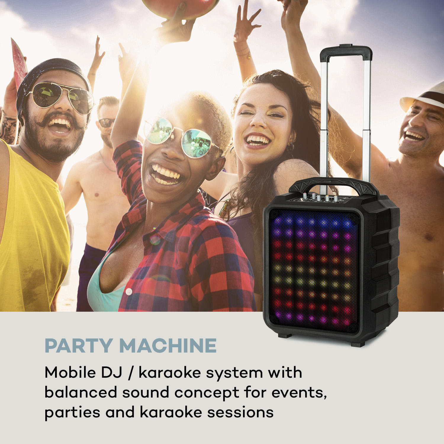 Auna Moving 80.1, LED PA systém, 8" subwoofer, max. 100 W, UHF mikrofon, USB, SD, BT, AUX, prenosný