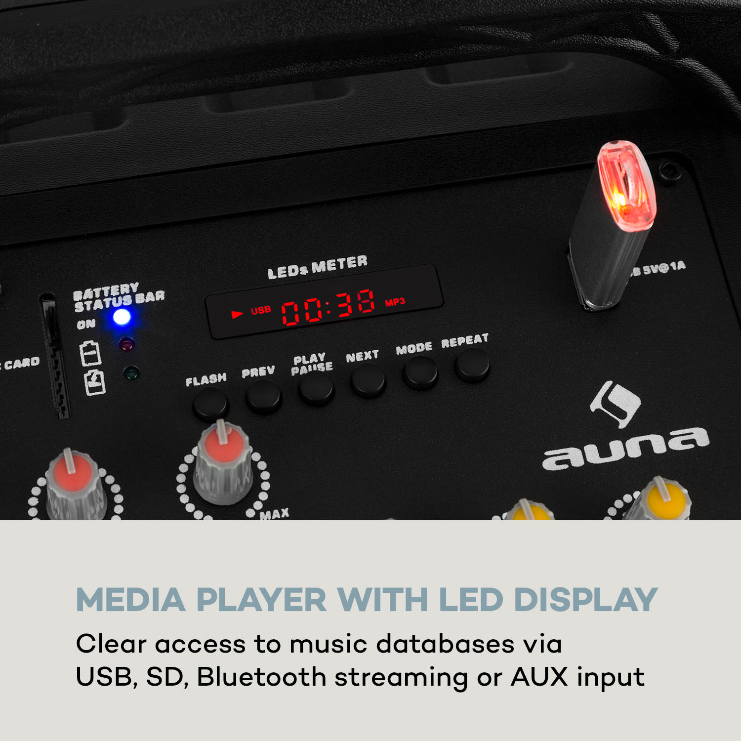 Auna Moving 80.1, LED PA systém, 8" subwoofer, max. 100 W, UHF mikrofon, USB, SD, BT, AUX, prenosný – Obrázok 4