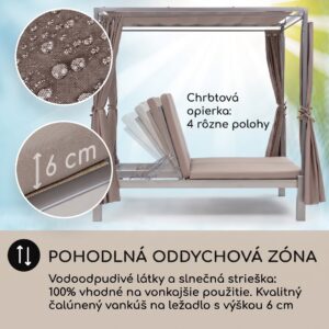 Blumfeldt Eremitage Double Sunbed, lehátko, pre 2 osoby, oceľový rám, slnečná strieška, závesy, taupe