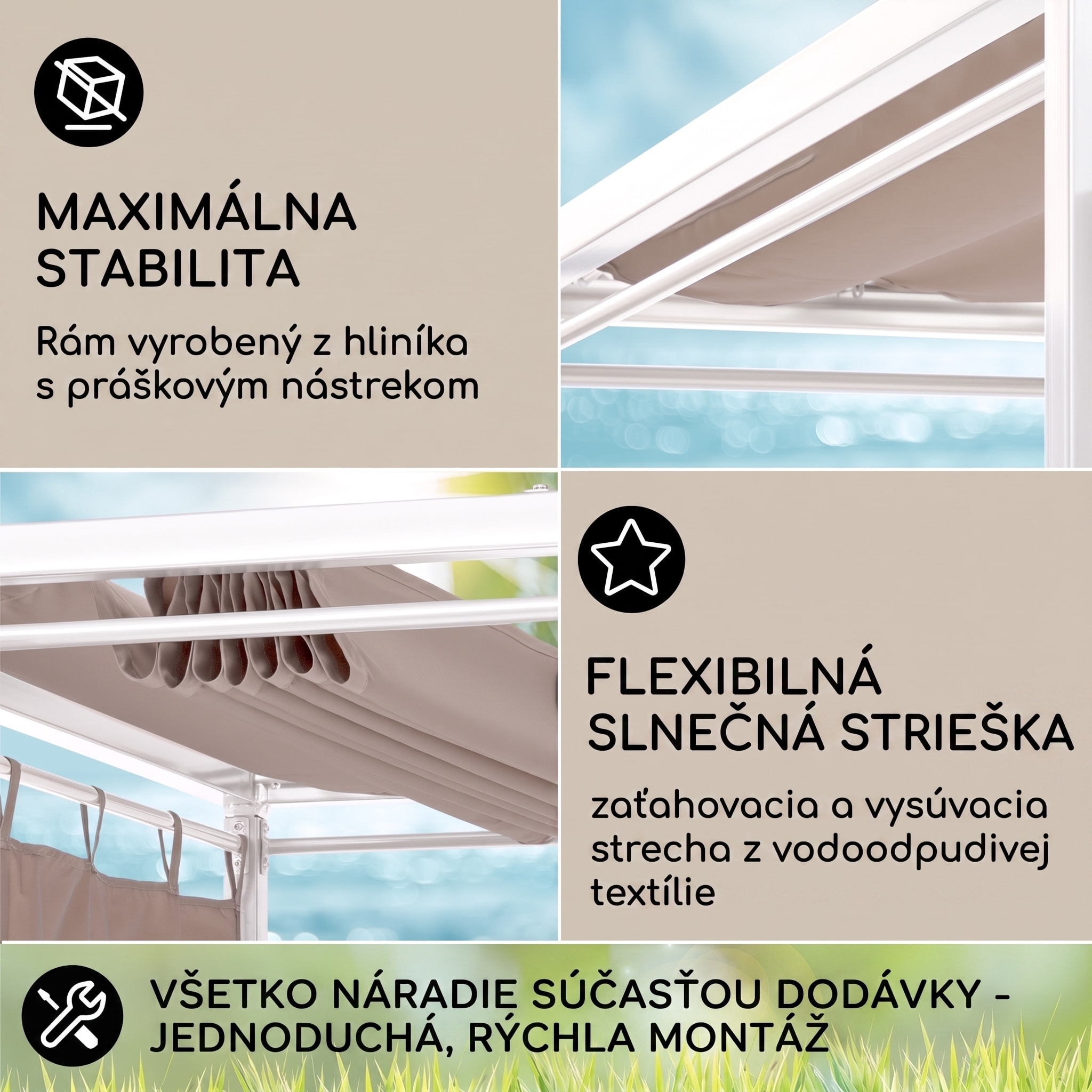 Blumfeldt Eremitage Double Sunbed, lehátko, pre 2 osoby, oceľový rám, slnečná strieška, závesy, krémové – Obrázok 2