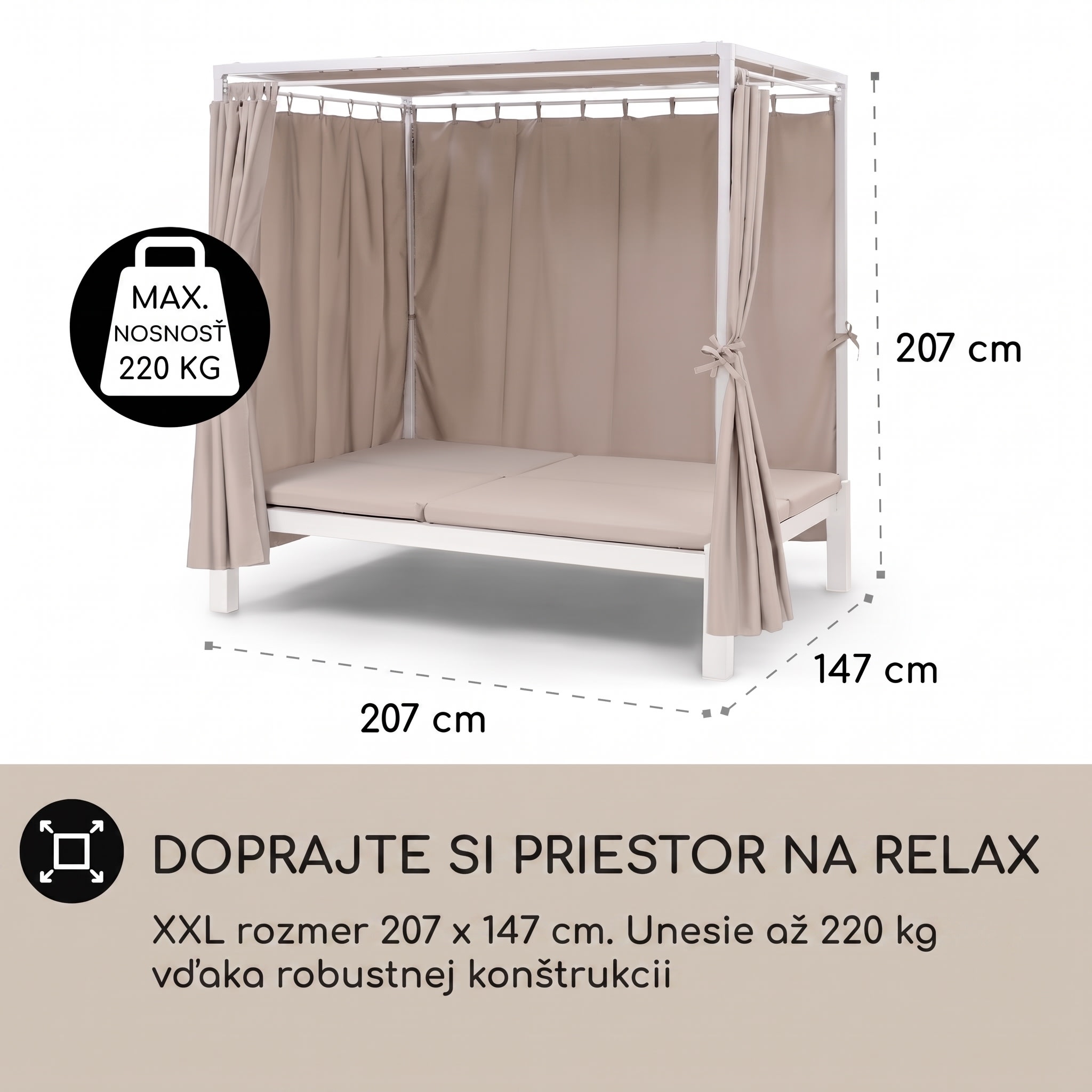 Blumfeldt Eremitage Double Sunbed, lehátko, pre 2 osoby, oceľový rám, slnečná strieška, závesy, krémové – Obrázok 4