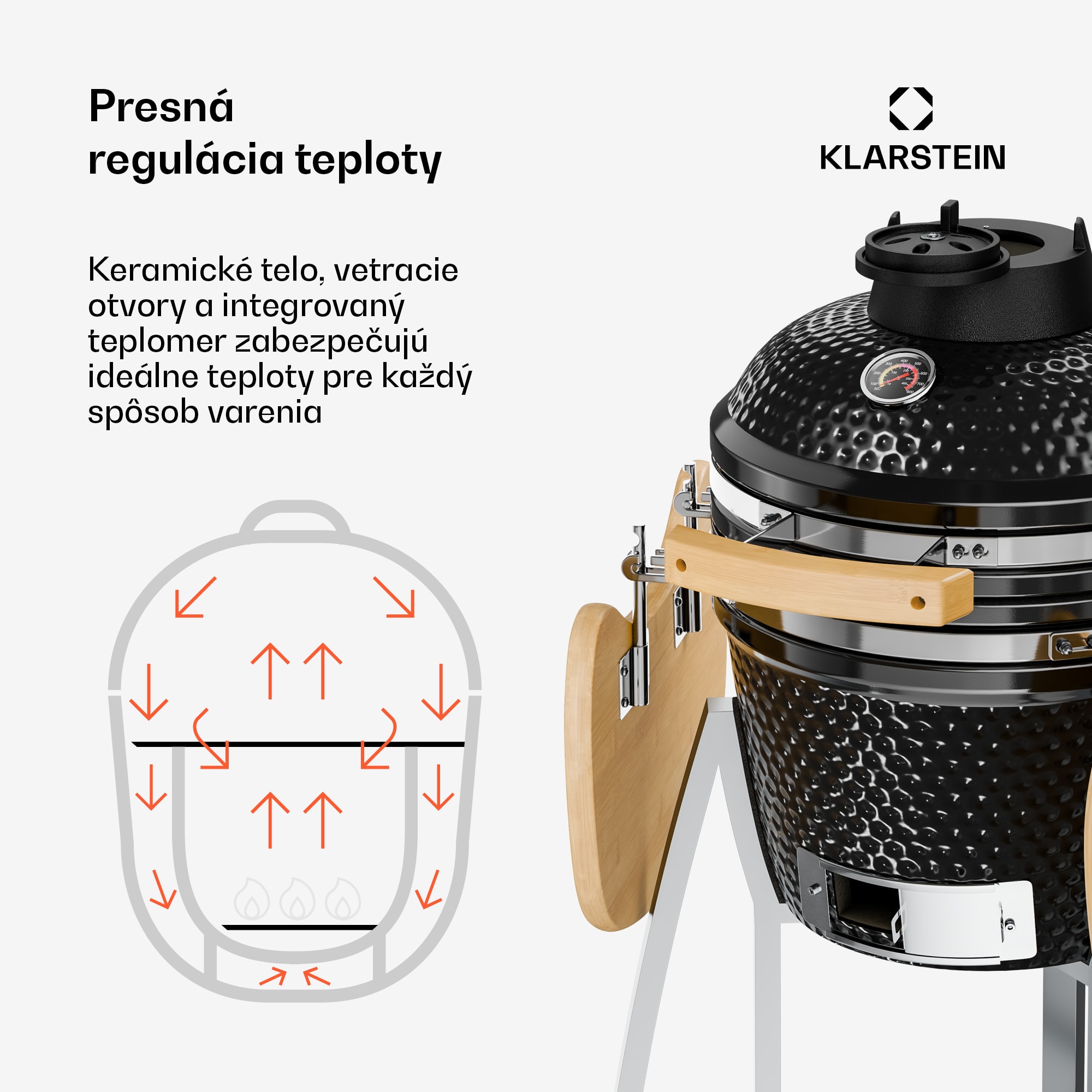 Klarstein Queensize, kamado gril, teplomer, odnímateľné bočné diely, čierny – Obrázok 3
