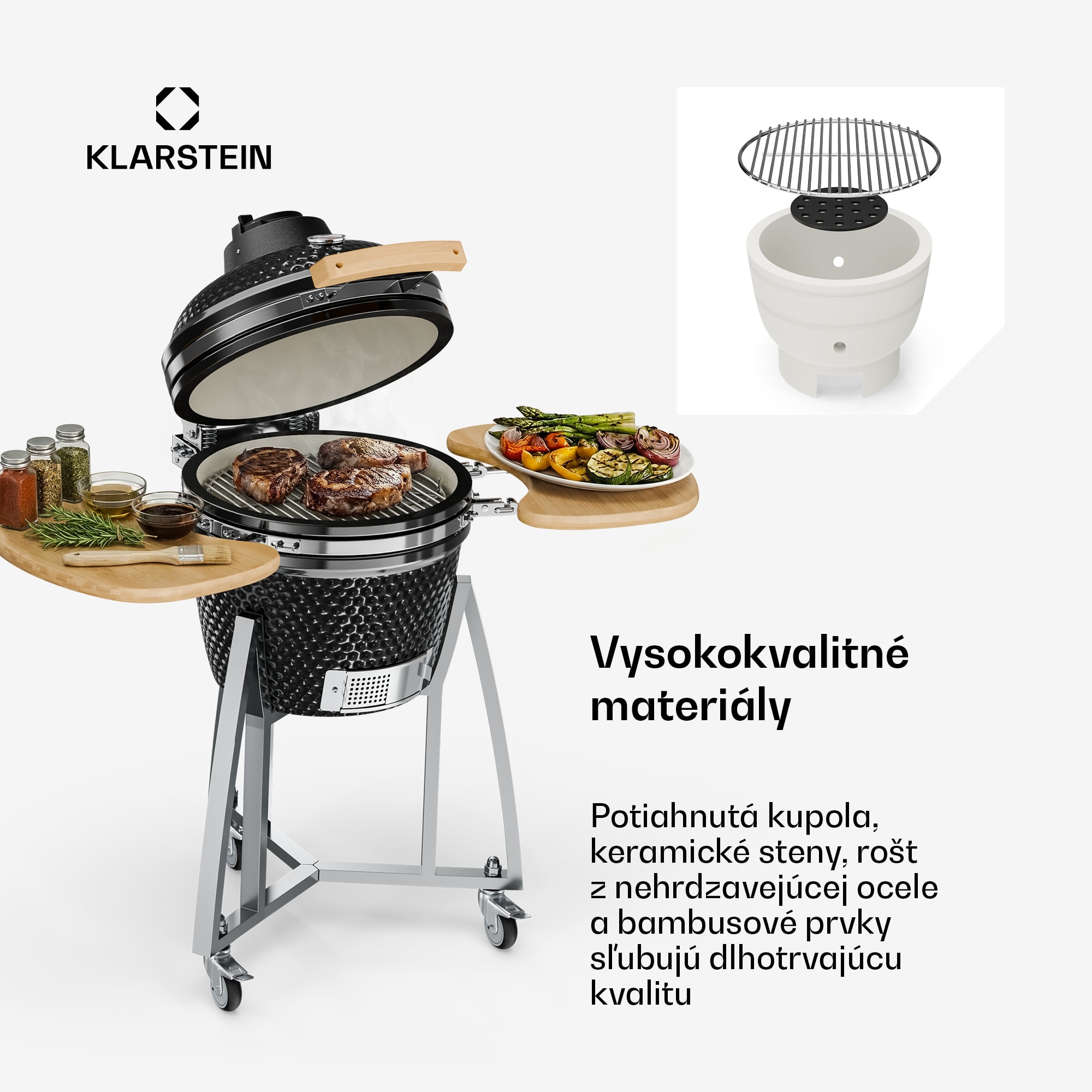Klarstein Queensize, kamado gril, teplomer, odnímateľné bočné diely, čierny – Obrázok 4