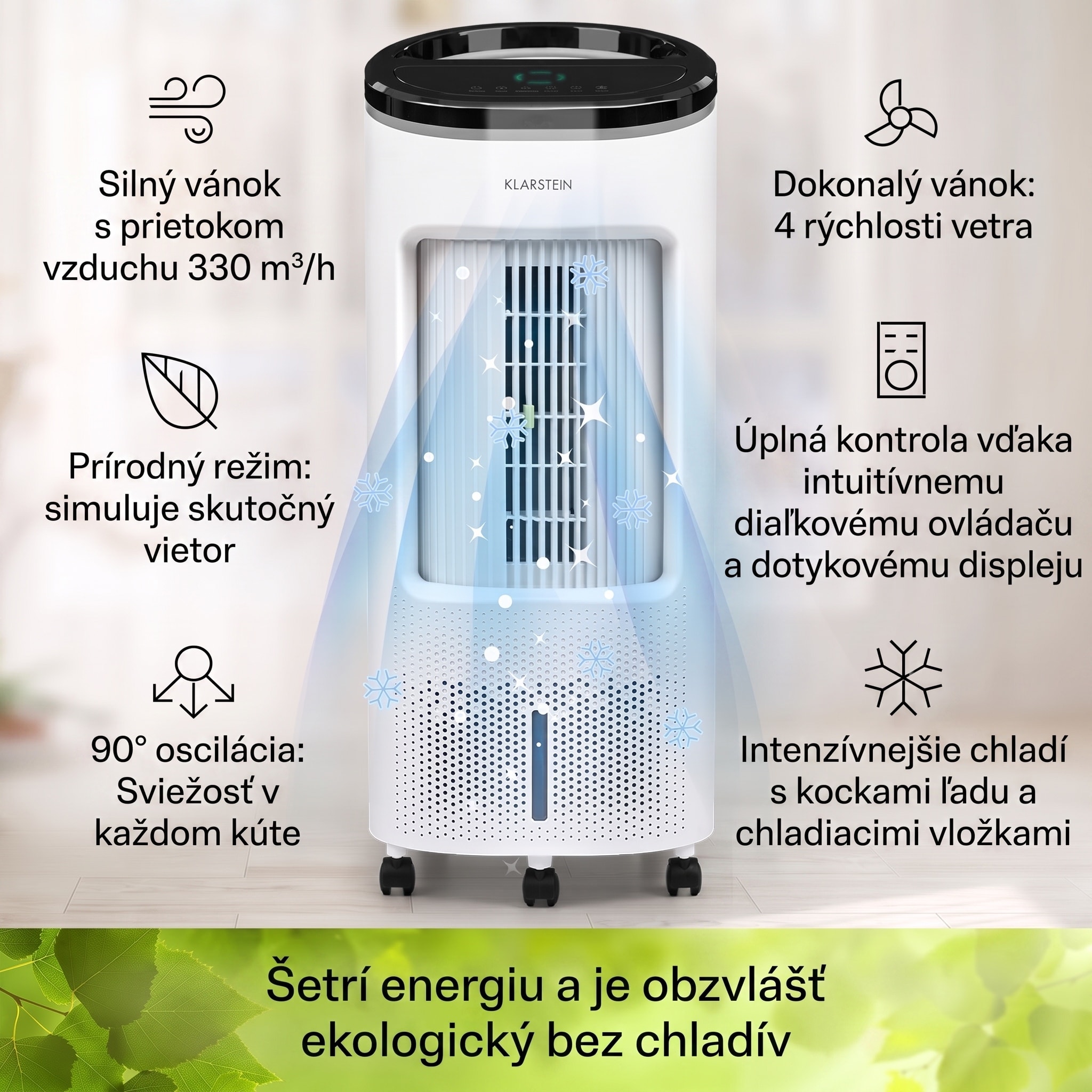 Klarstein IceWind Plus, 4 v 1 ochladzovač vzduchu, ventilátor, zvlhčovač vzduchu, čistička vzduchu, ionizátor, 65 W, 330 m³/h, 7 l, 4 rýchlosti, oscilácia, časovač, diaľkový ovládač, mobilný – Obrázok 2