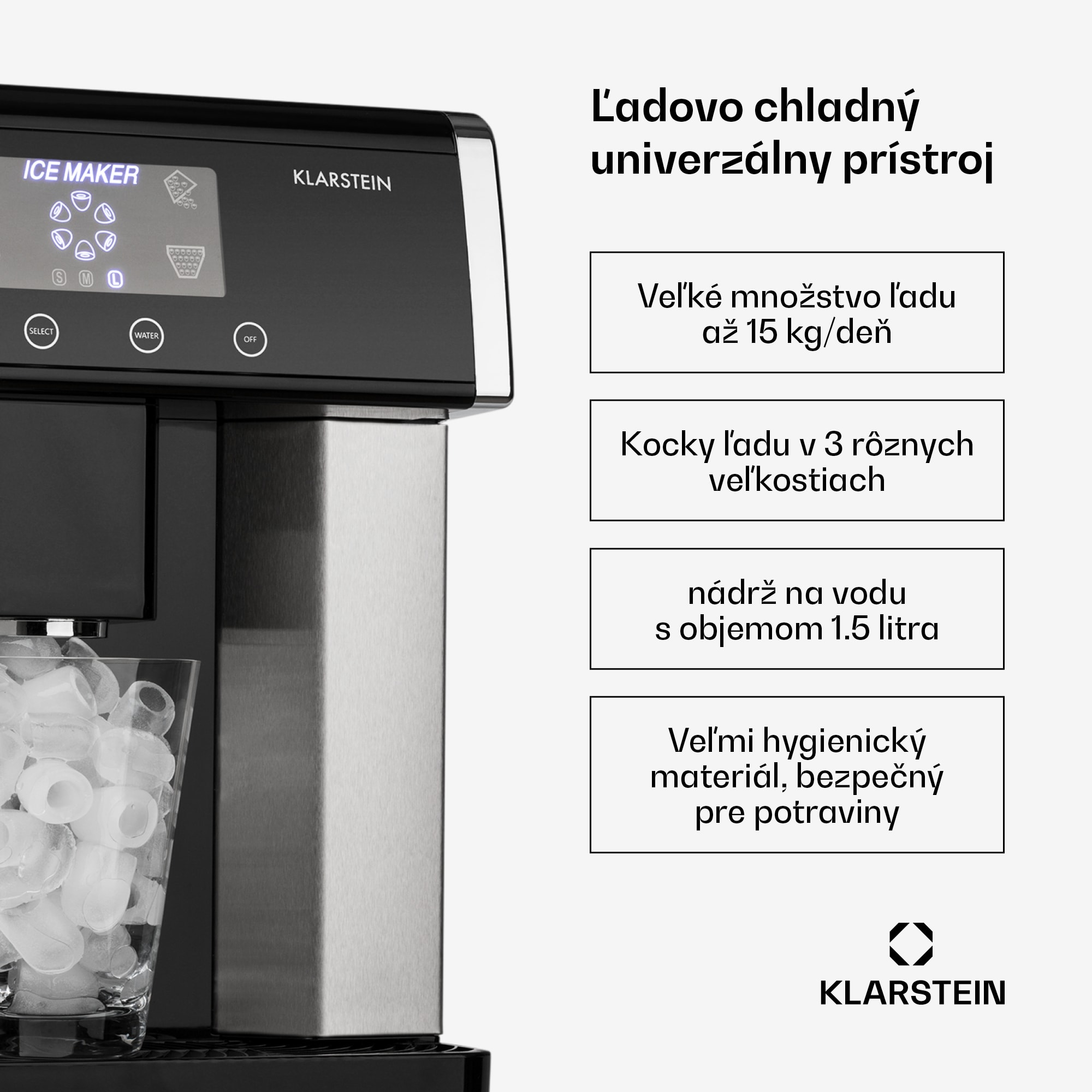 Klarstein Eiszeit výrobník kociek ľadu z nehrdzavejúcej ocele 3 veľkosti kociek ľadu strieborná