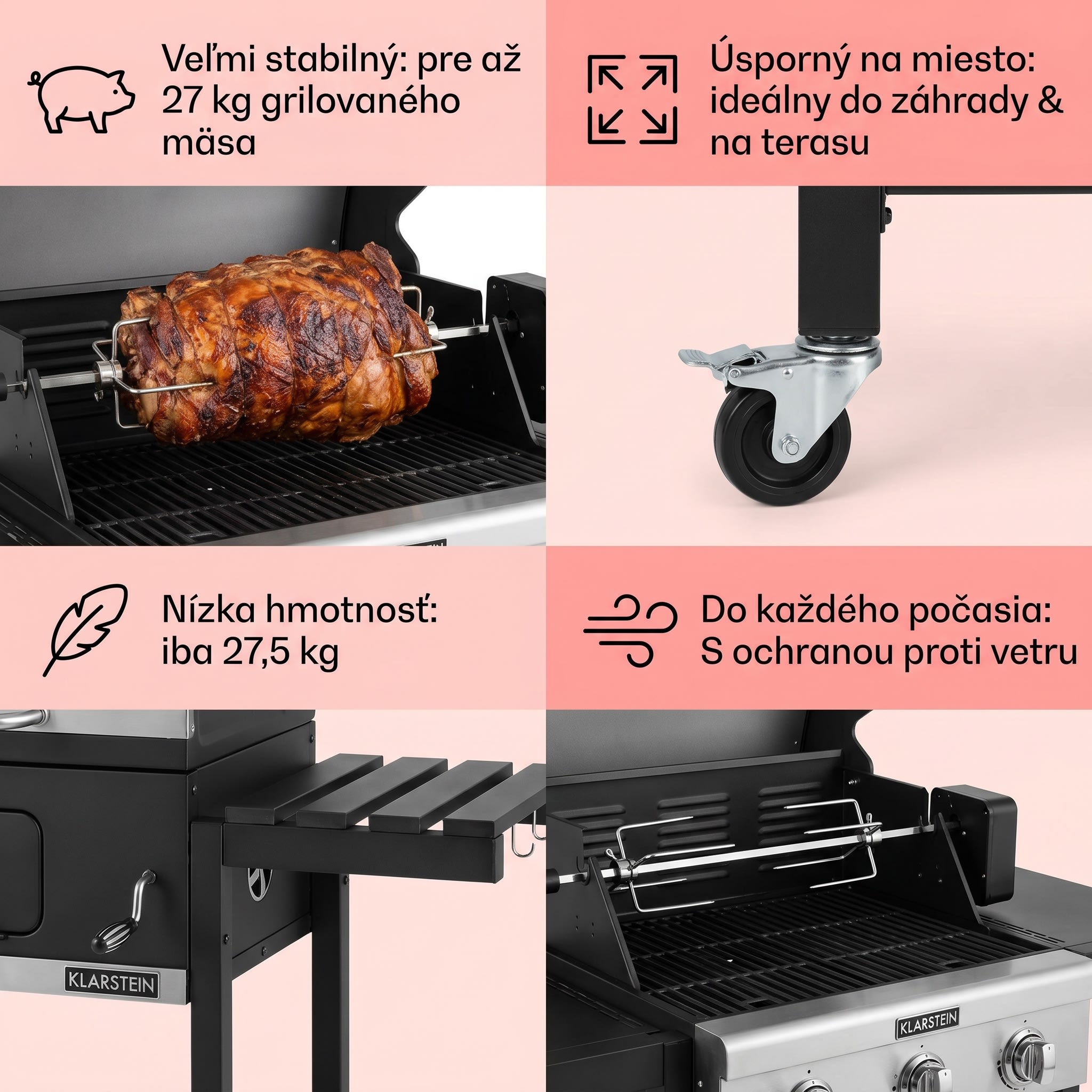 Klarstein Sauenland Pro gril na prasiatka s otočným ražňom 13W, 4 kolieska, nerezová oceľ – Obrázok 4