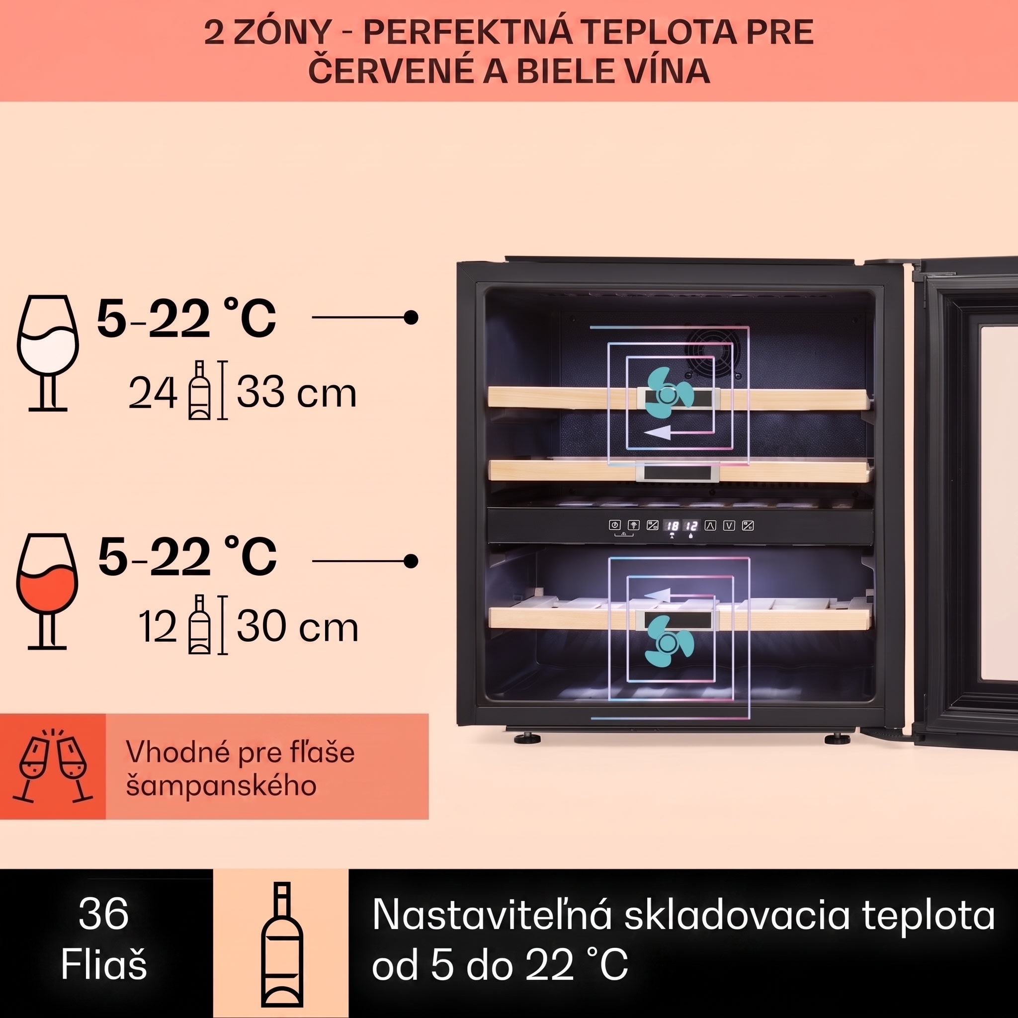 Klarstein Vinsider 36, vinotéka, 94 l, 5-22°C, 2 zóny, nehrdzavejúca oceľ – Obrázok 2