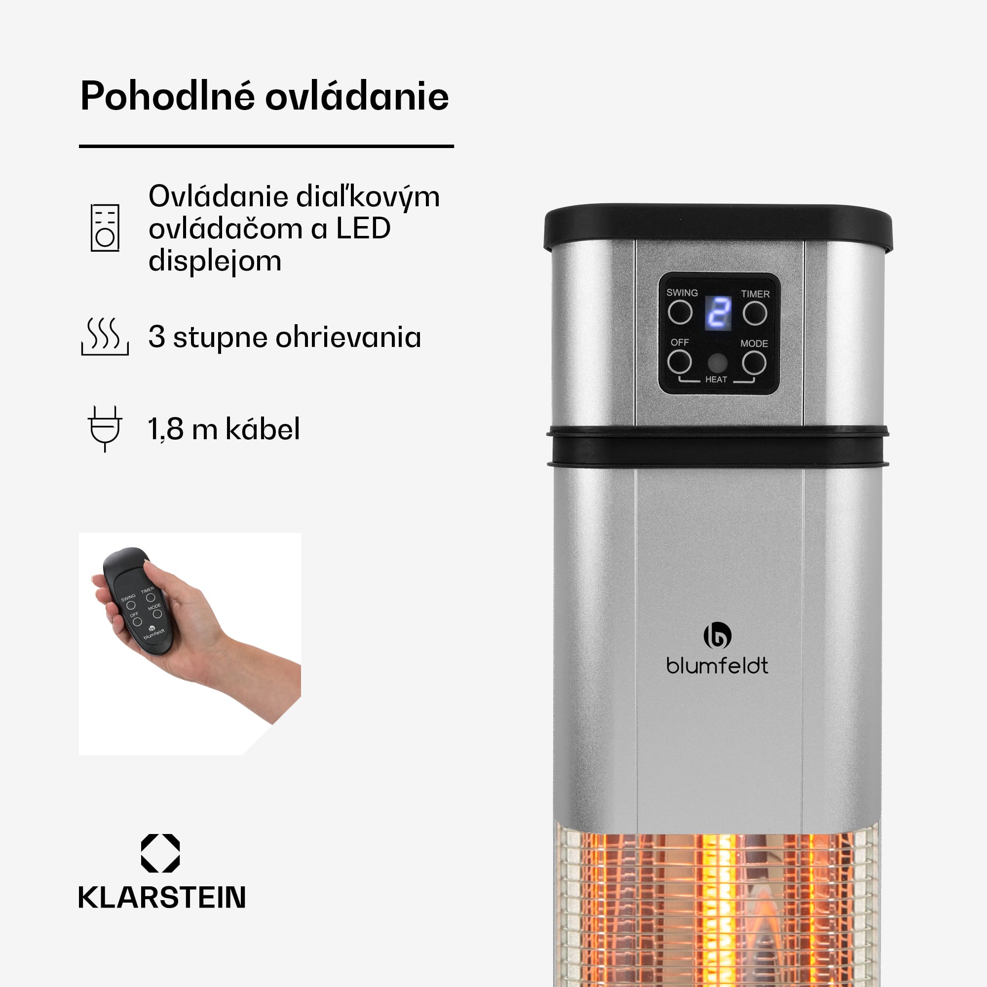 Blumfeldt Heat Guru Plus, infračervený ohrievač, 2000 W, 3 stupne ohrevu, diaľkový ovládač, strieborný – Obrázok 3
