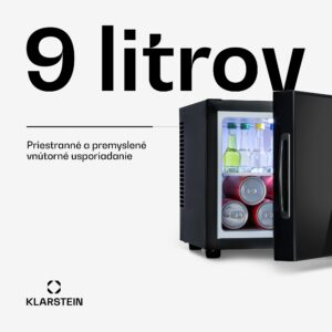Klarstein Happy Hour, mini chladnička, 9 l, energet. trieda A, dvere so zrkadlovým sklom, čierna