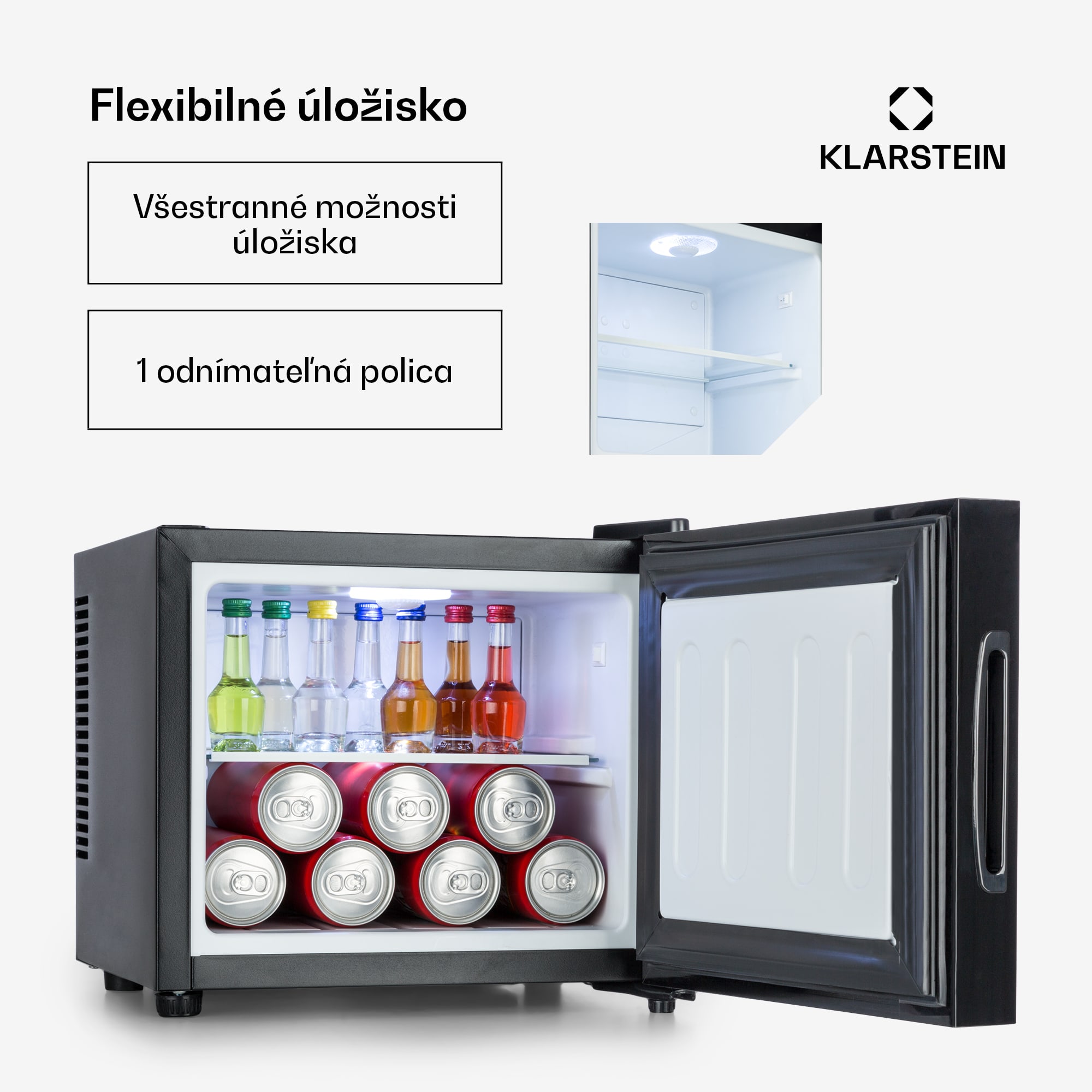 Klarstein Happy Hour, mini chladnička, 9 l, energet. trieda A, dvere so zrkadlovým sklom, čierna – Obrázok 4