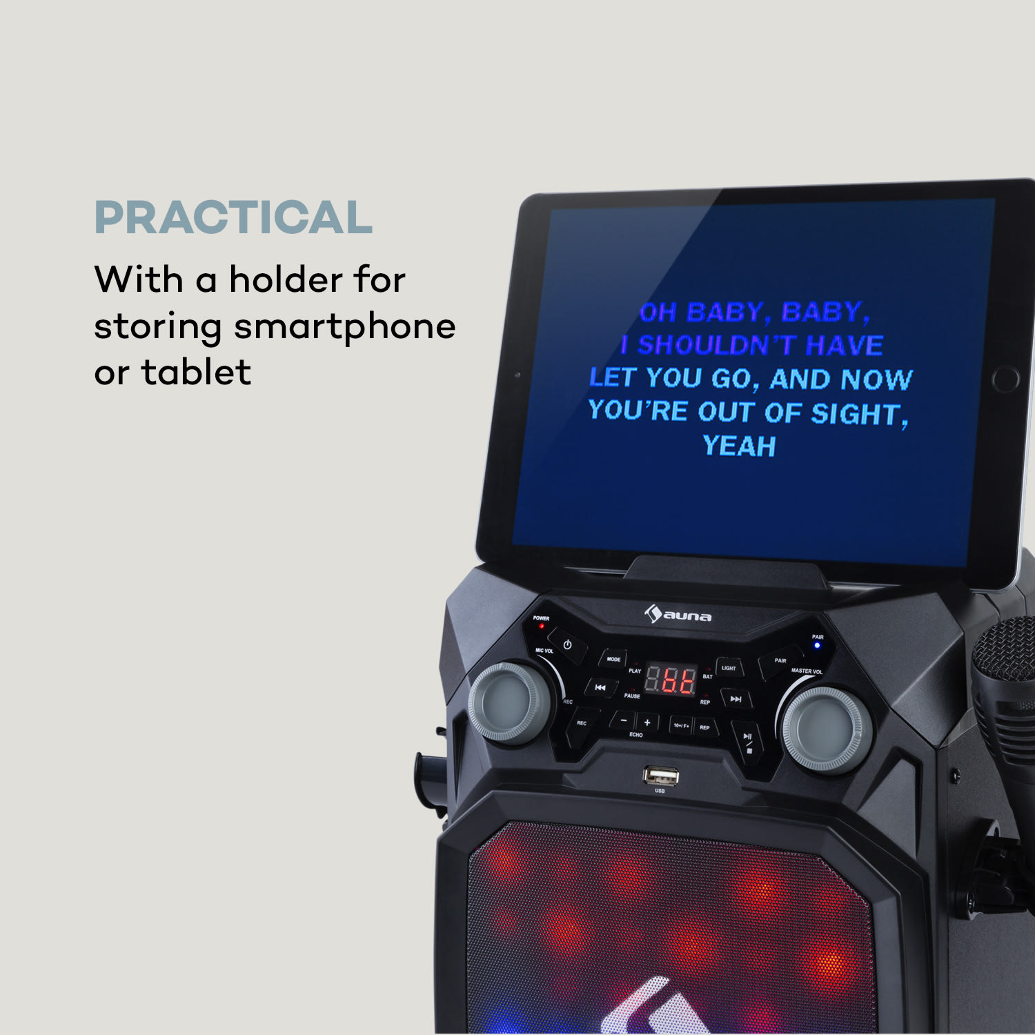 Auna Rockstar LightShow, karaoke zariadenie, bluetooth, USB, Line-In/Out, 2 x 6,3mm, čierne – Obrázok 2
