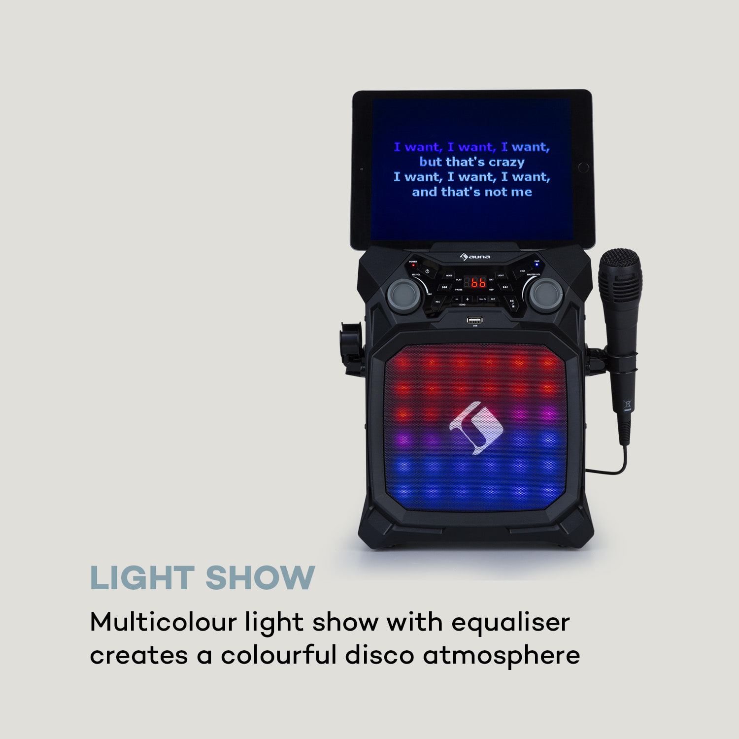Auna Rockstar LightShow, karaoke zariadenie, bluetooth, USB, Line-In/Out, 2 x 6,3mm, čierne – Obrázok 3