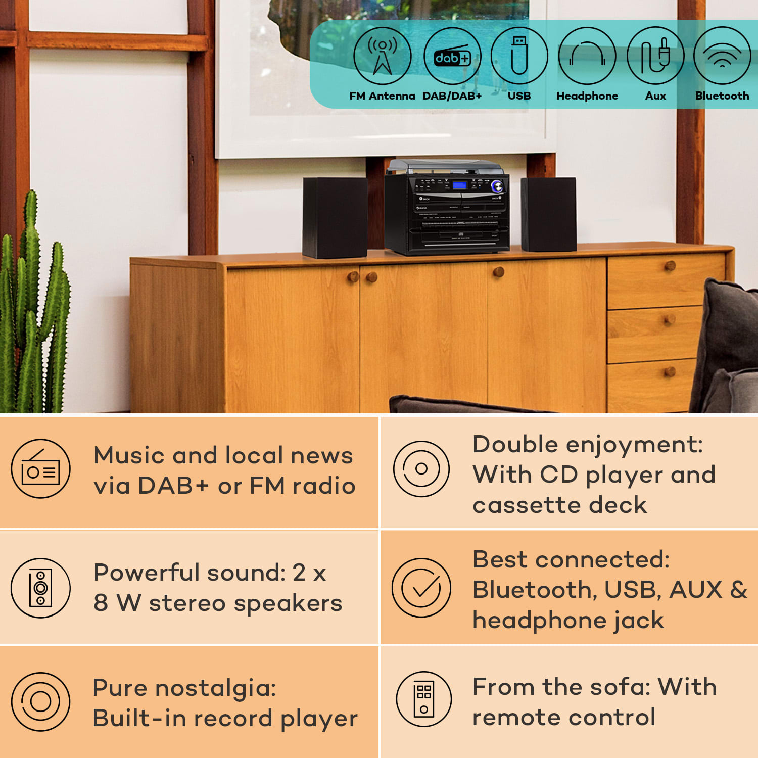 Auna 388-DAB+, stereo systém, 20 W max., platne, CD, kazety, BT, FM/DAB+, USB, čierny