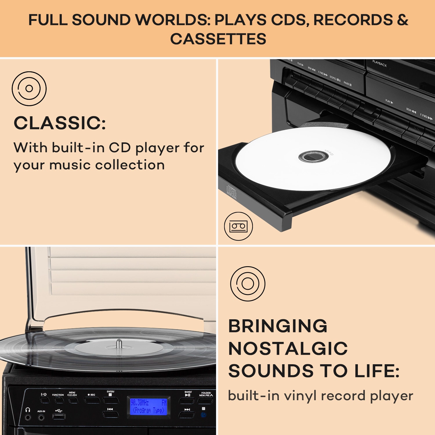 Auna 388-DAB+, stereo systém, 20 W max., platne, CD, kazety, BT, FM/DAB+, USB, čierny – Obrázok 3