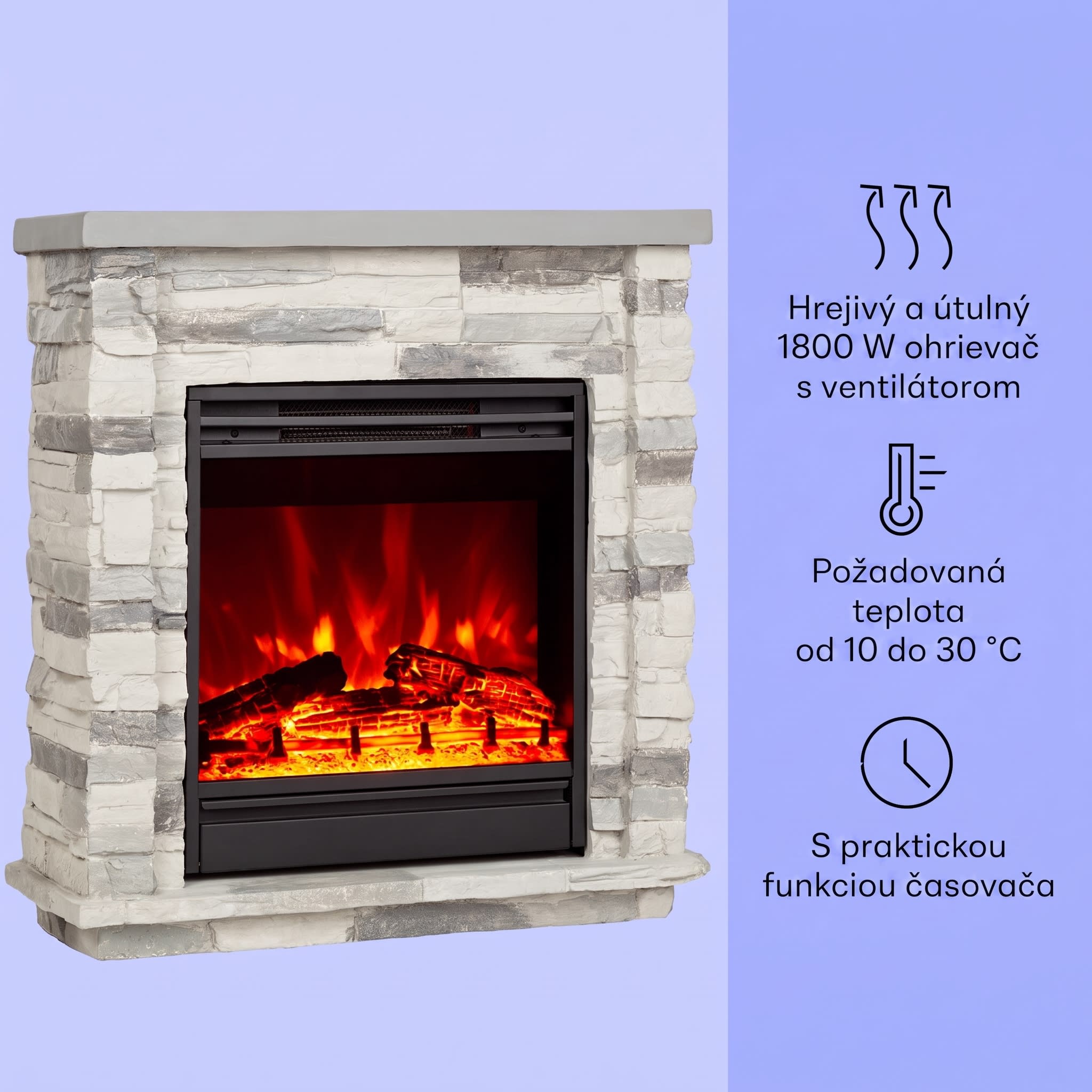 Klarstein Lienz, elektrický krb, 1800 W, vzhľad kameňa, diaľkové ovládanie, svetlosivý – Obrázok 2