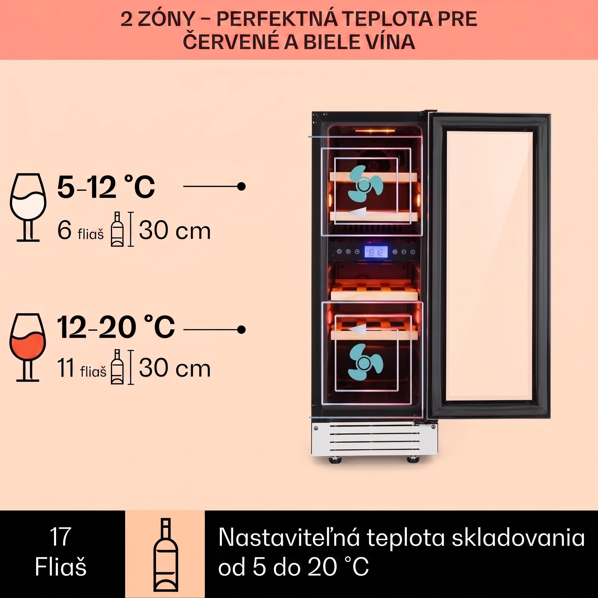 Klarstein Vinovilla 17 Built-in Duo Onyx Edition, dvojzónová vinotéka, 53 l, 17 fliaš, 3-farebné LED osvetlenie, sklenené dvere – Obrázok 2