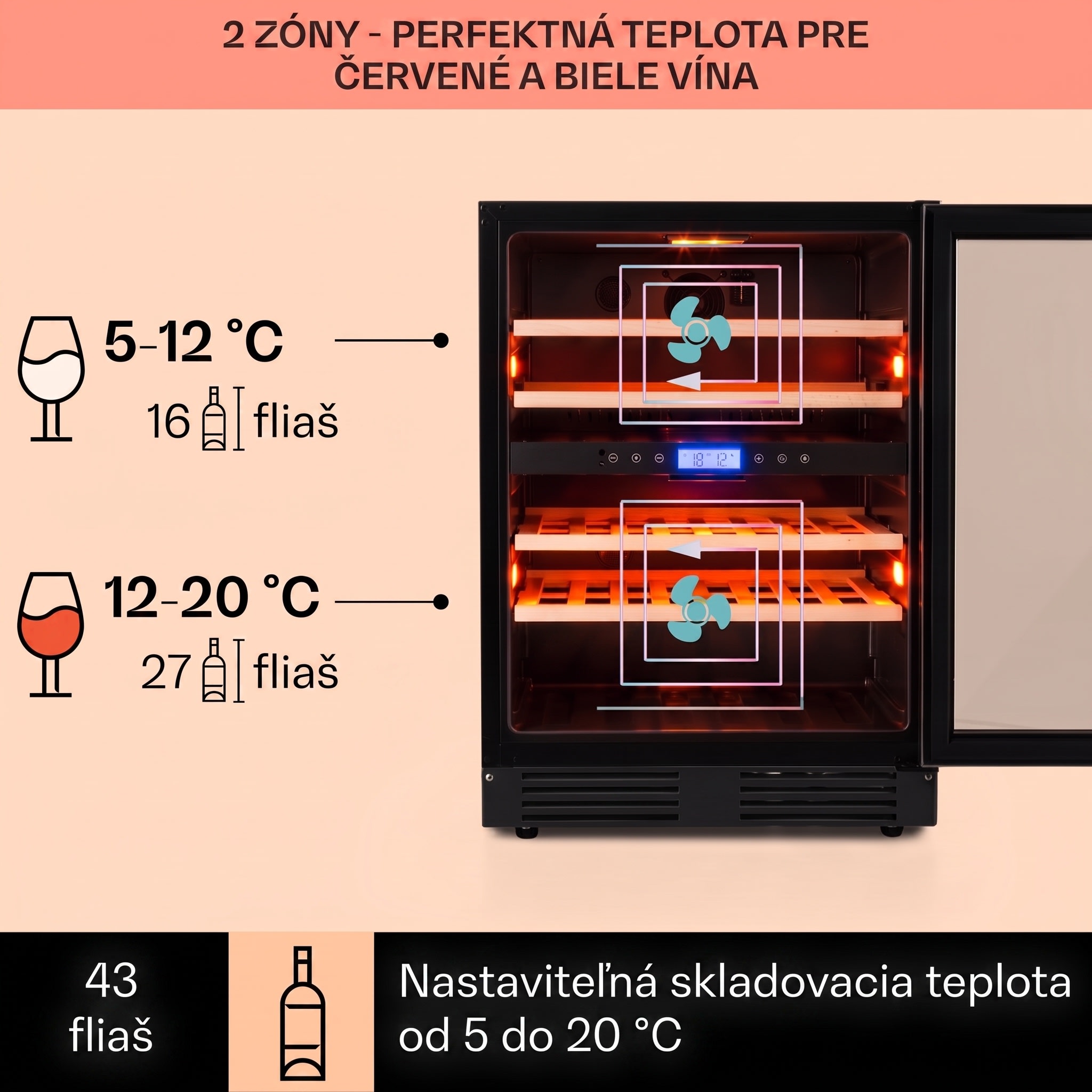 Klarstein Vinovilla Onyx 43, dvojzónová vinotéka, 129 l, 43 fliaš, 3-farebné LED osvetlenie – Obrázok 2