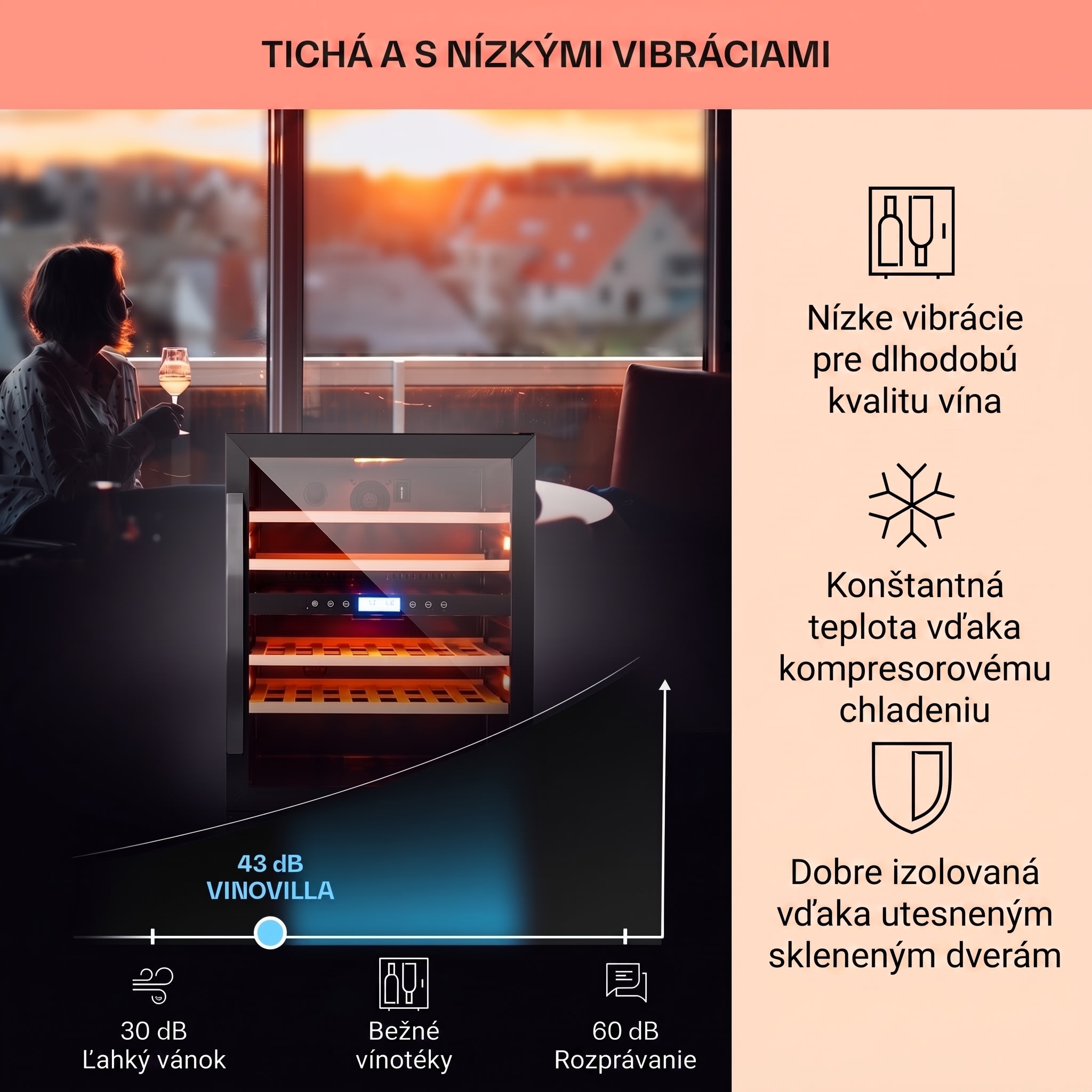 Klarstein Vinovilla Onyx 43, dvojzónová vinotéka, 129 l, 43 fliaš, 3-farebné LED osvetlenie – Obrázok 3