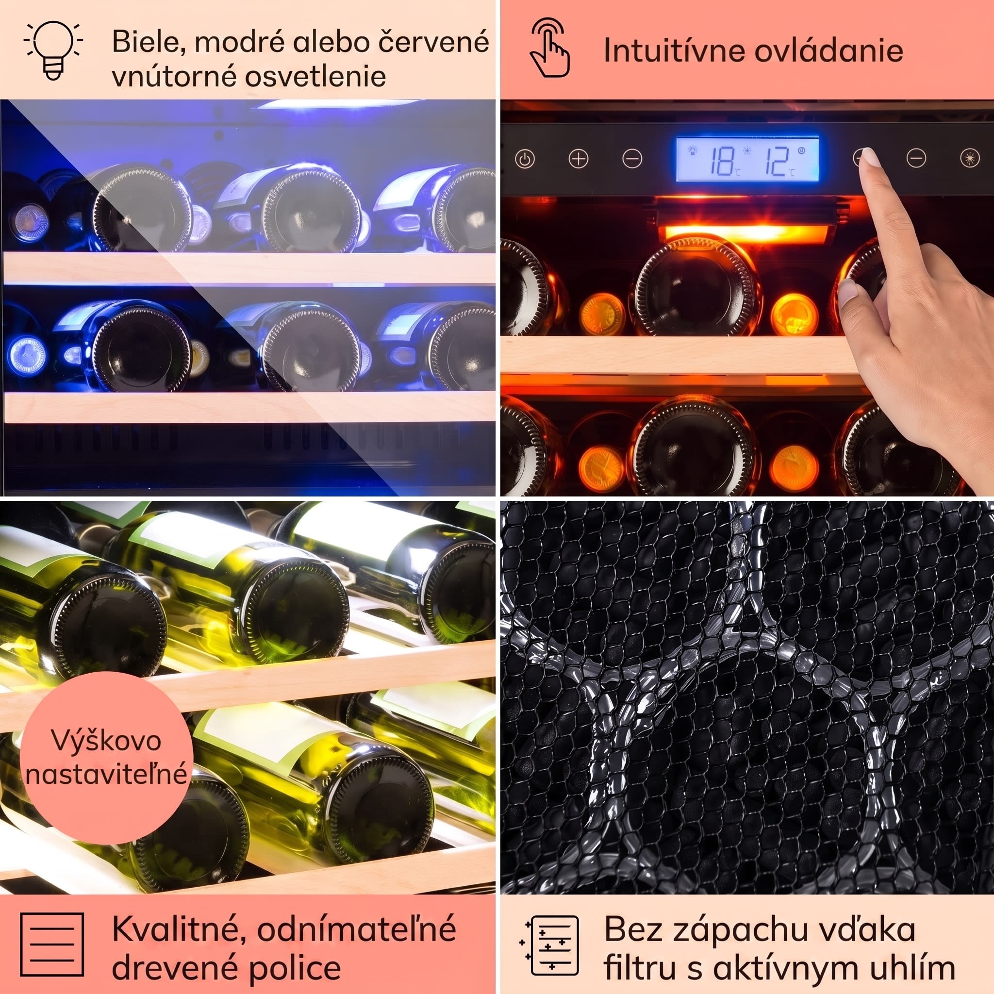 Klarstein Vinovilla Onyx 43, dvojzónová vinotéka, 129 l, 43 fliaš, 3-farebné LED osvetlenie – Obrázok 4