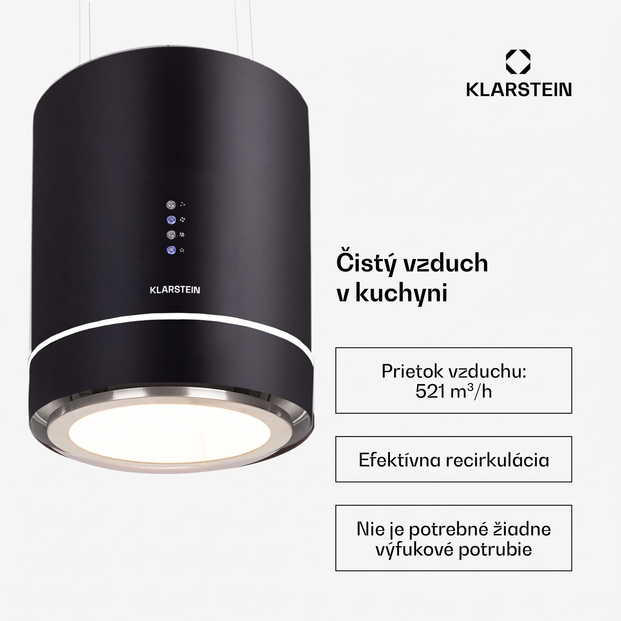 Klarstein Tron Ambience, digestor, 38 cm, ostrovčekový, 521 m³/h, LED, čierny – Obrázok 2