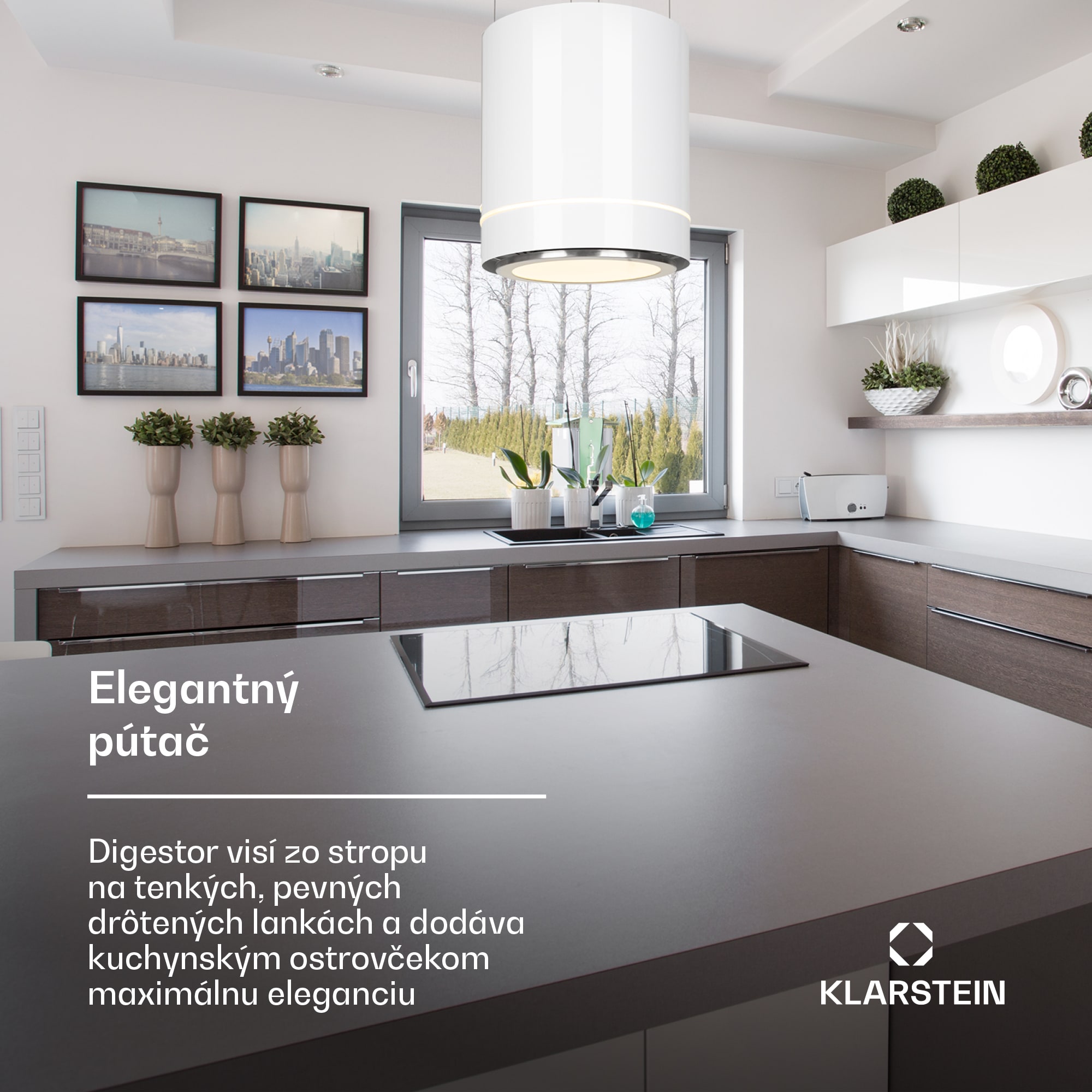 Klarstein Tron Ambience, digestor, 38 cm, ostrovčekový, 521 m³/h, LED, biely
